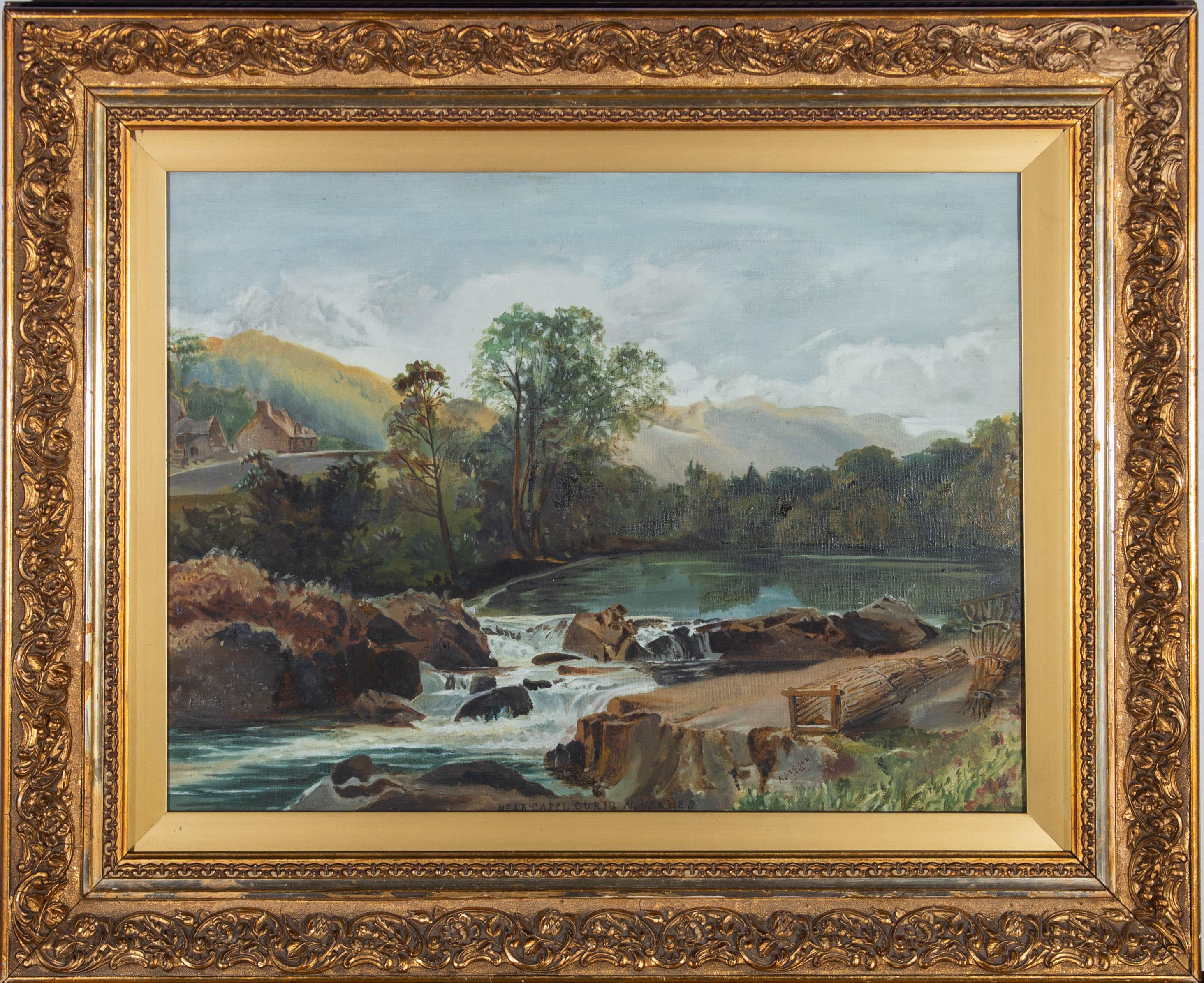 Questa scena accattivante ritrae uno sbarramento sul fiume Llugwy vicino a Capel Curig, nel Galles del Nord. L'artista ha catturato questa tranquilla scena di campagna con una tavolozza color terra, creando una composizione dinamica con forme audaci