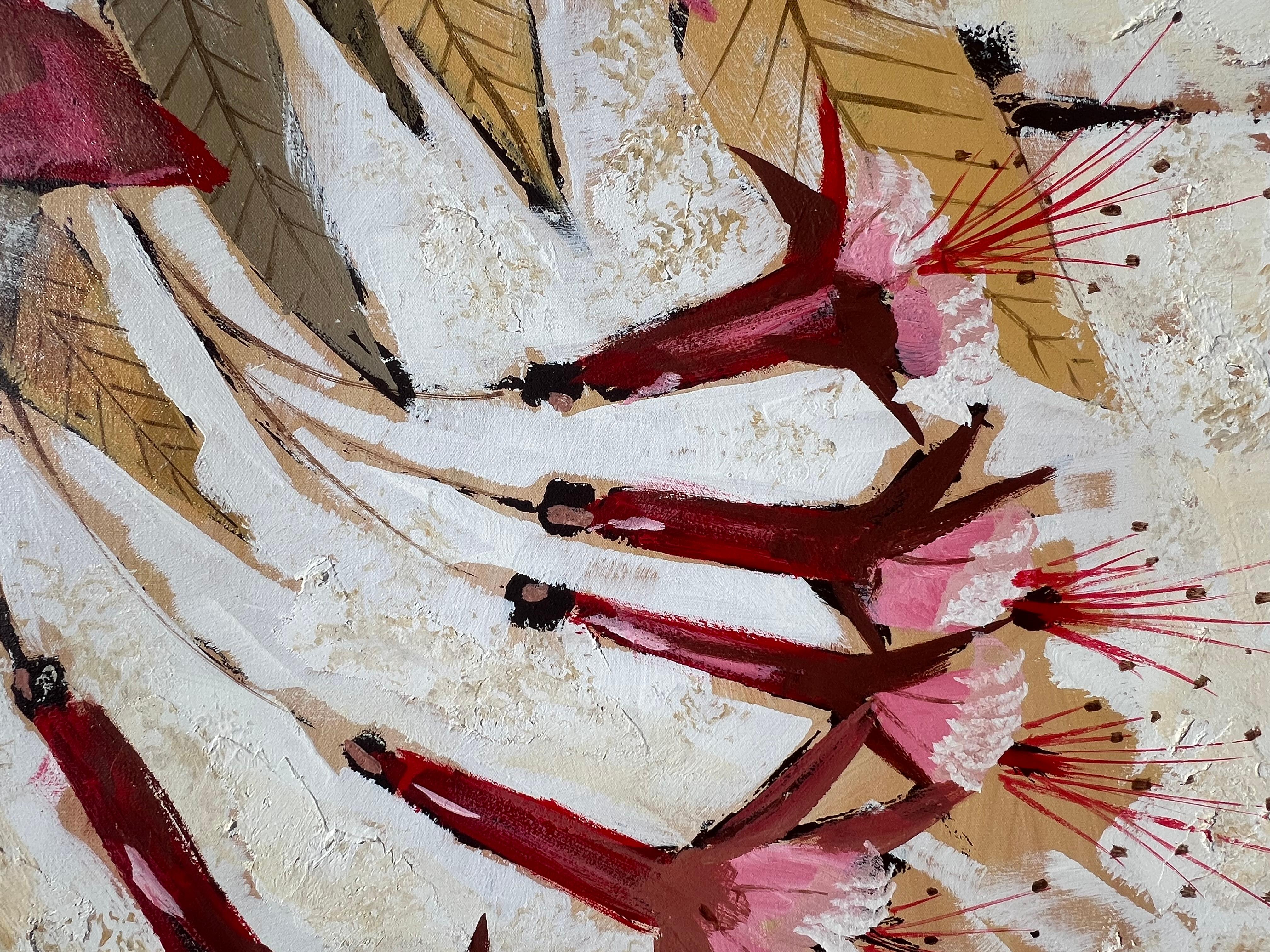 Massiver Lee Reynolds Modernes asiatisches stilisiertes Fuchsia-Blumengemälde, Mid-Century Modern im Zustand „Gut“ im Angebot in St.Petersburg, FL