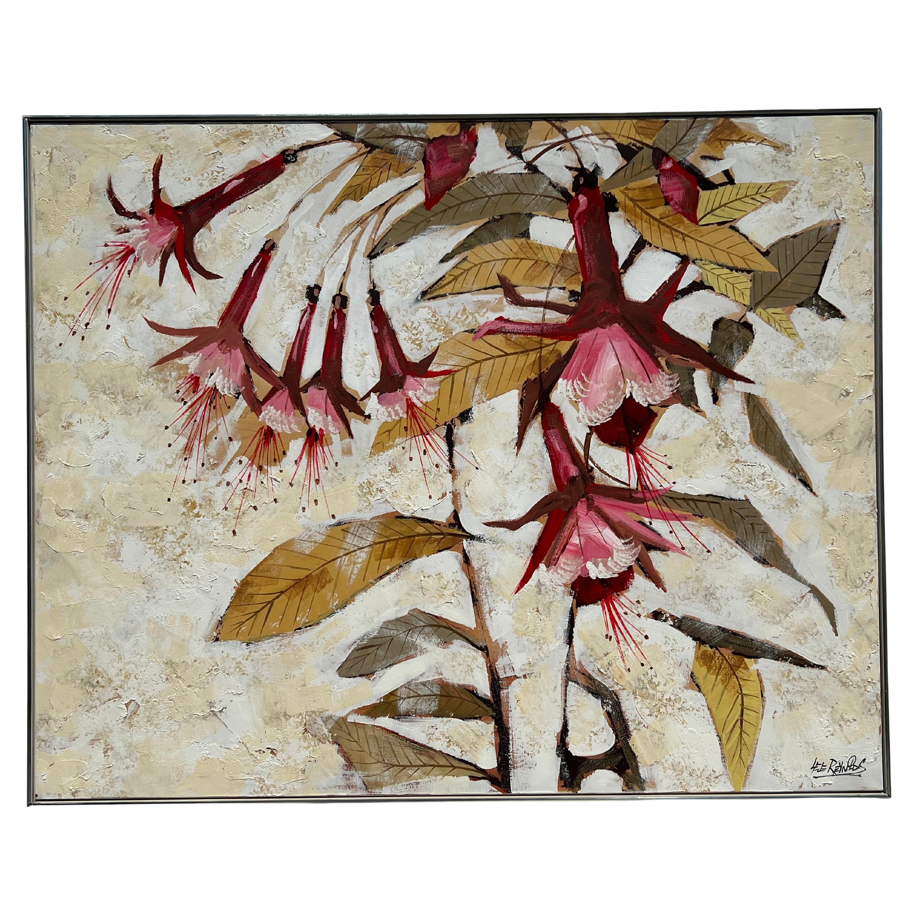 Massive Lee Reynolds Mid Century Modern Asian Stylized Fuchsia Floral Painting
