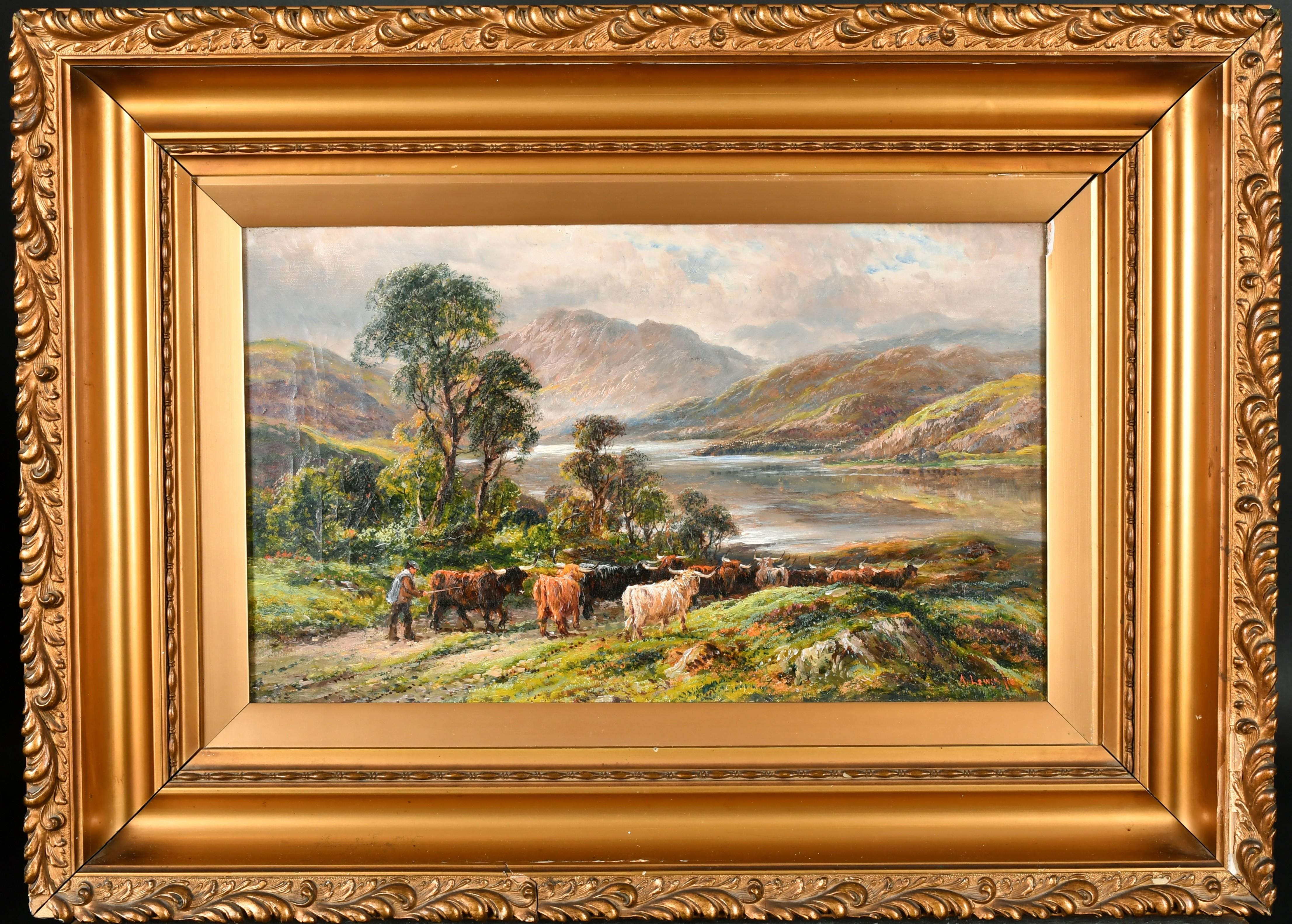 Antique Scottish Landscape Highland Cattle on Loch Pathway Mountains  - Painting by A. Lewis