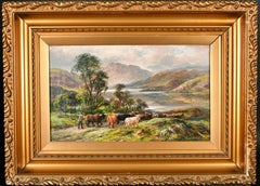 Antique Scottish Landscape Highland Cattle on Loch Pathway Mountains