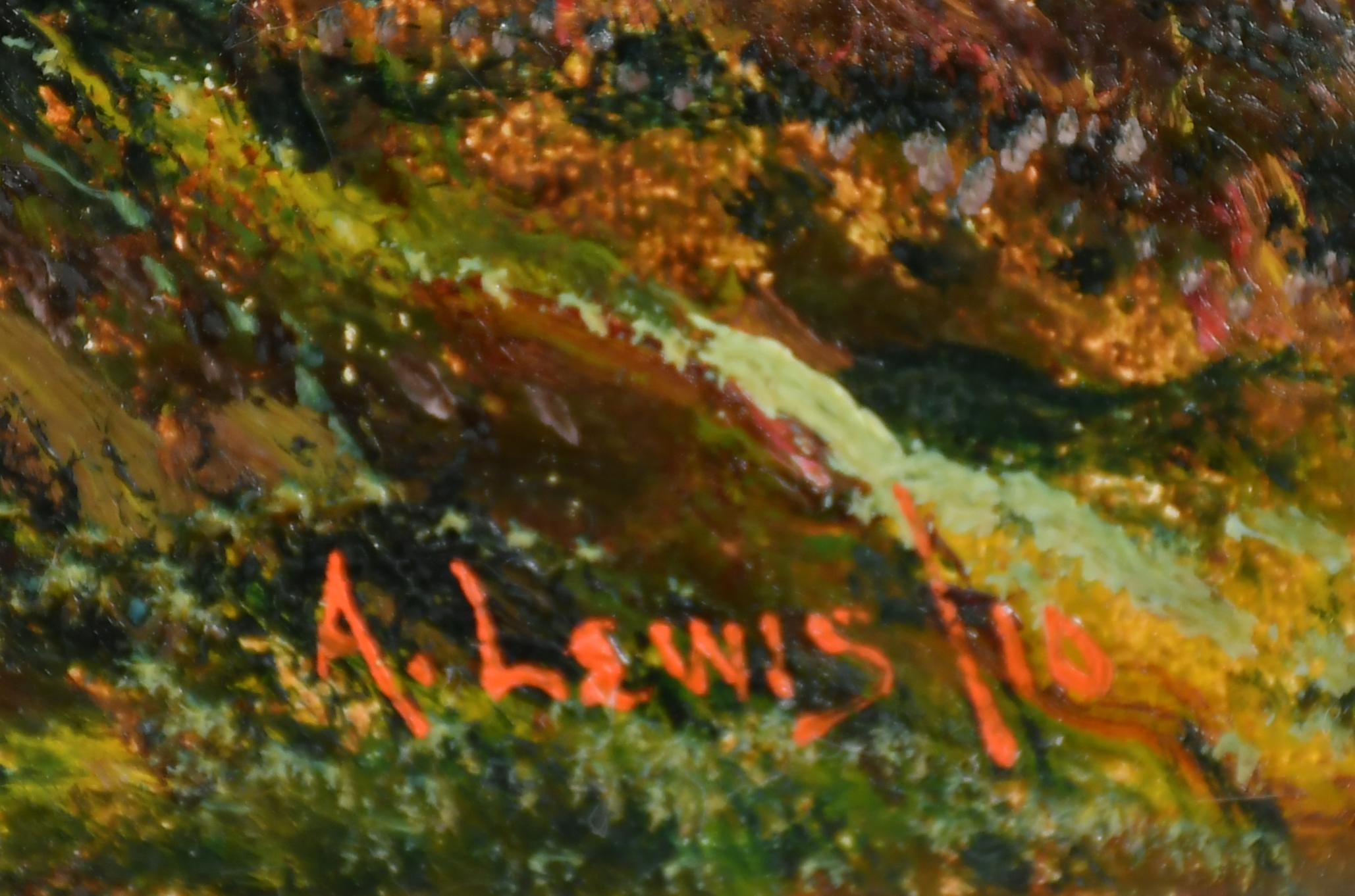 Antike schottische Landschaft Highland Cattle auf den Loch Pathway Mountains  (Viktorianisch), Painting, von A. Lewis