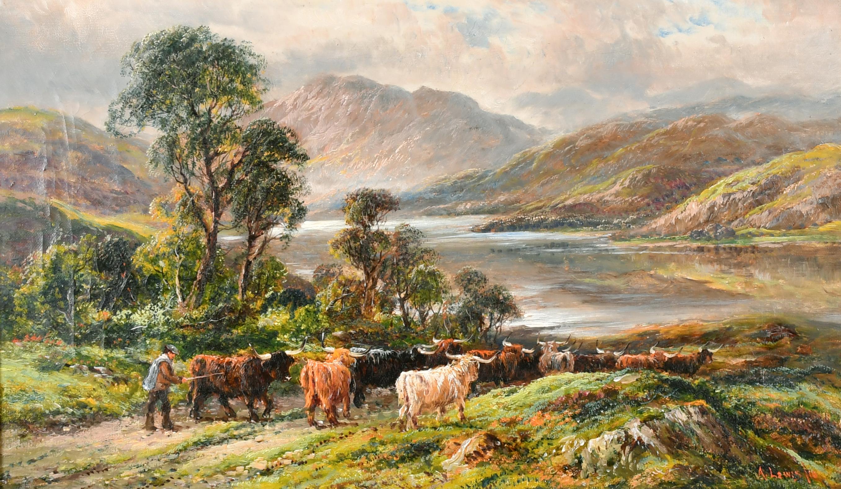 A. Lewis Landscape Painting - Antique Scottish Landscape Highland Cattle on Loch Pathway Mountains 