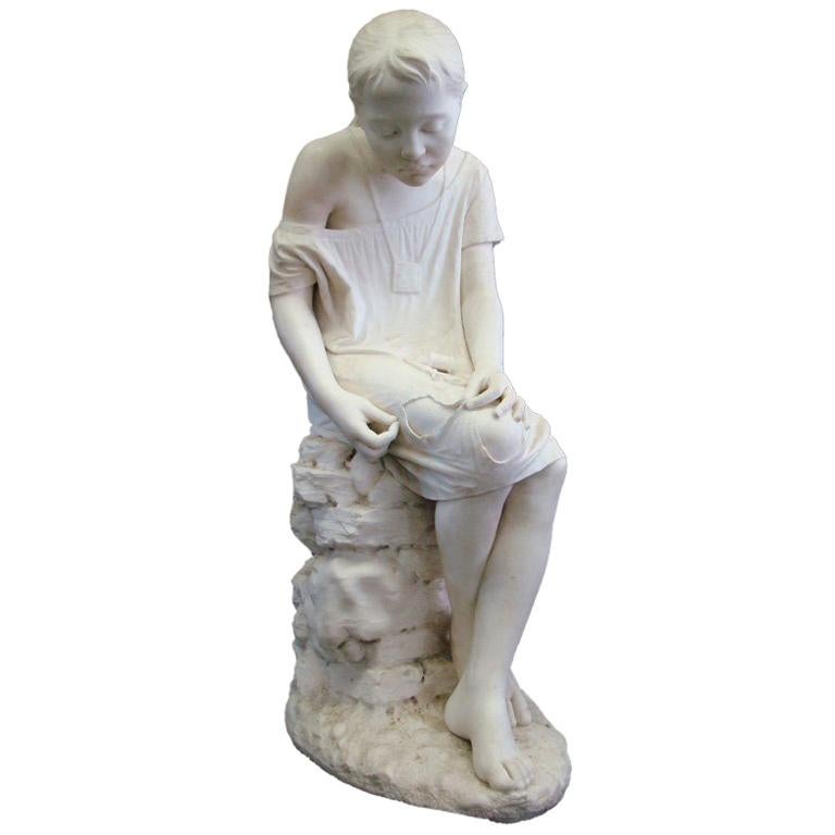 A Life Size Marble by Salvatore Albano "Girl Sewing" For Sale