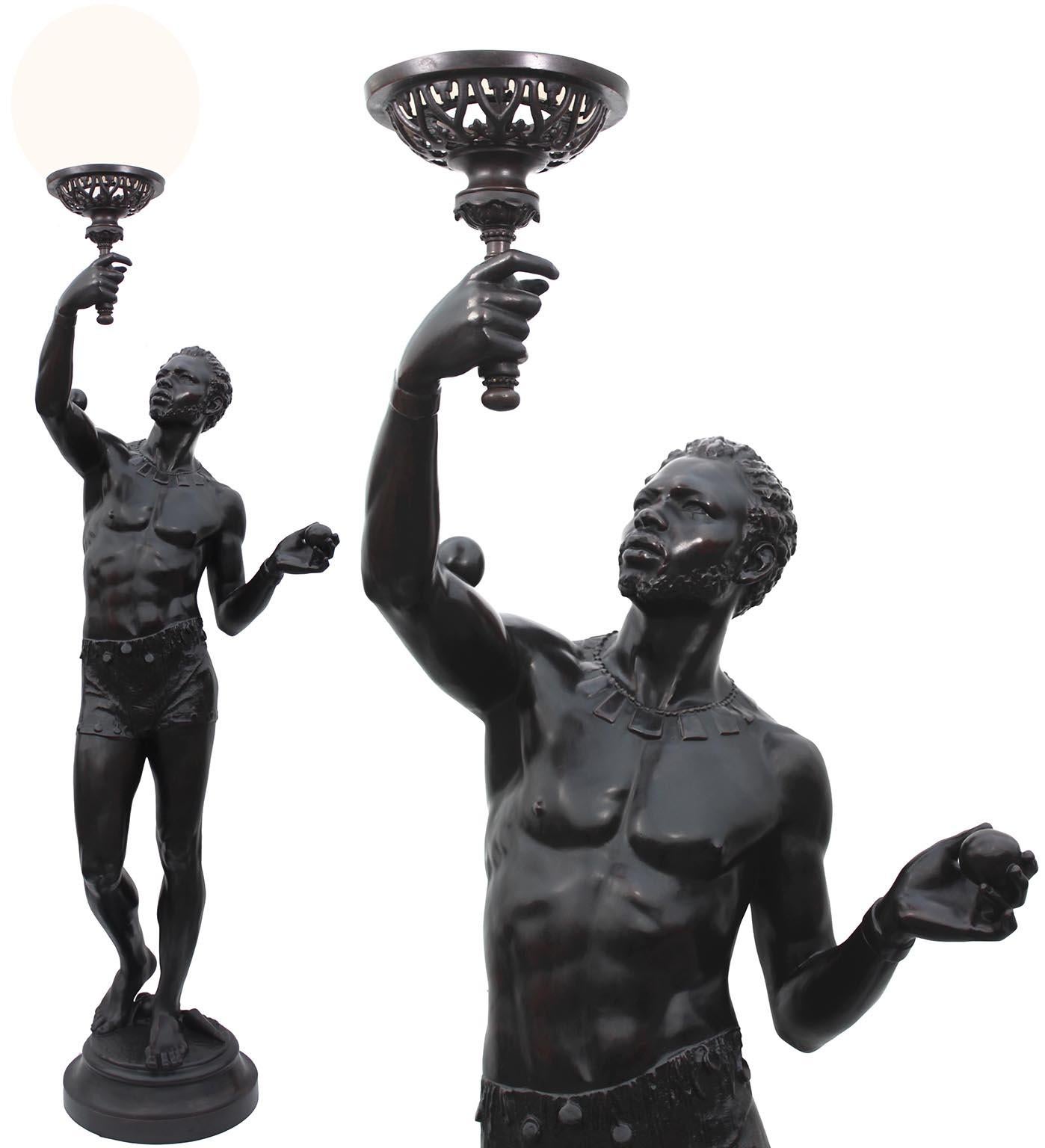 A Life-Size Pair French Cast-Iron Torchères Sculptures Juggler & Serpent Charmer For Sale 5