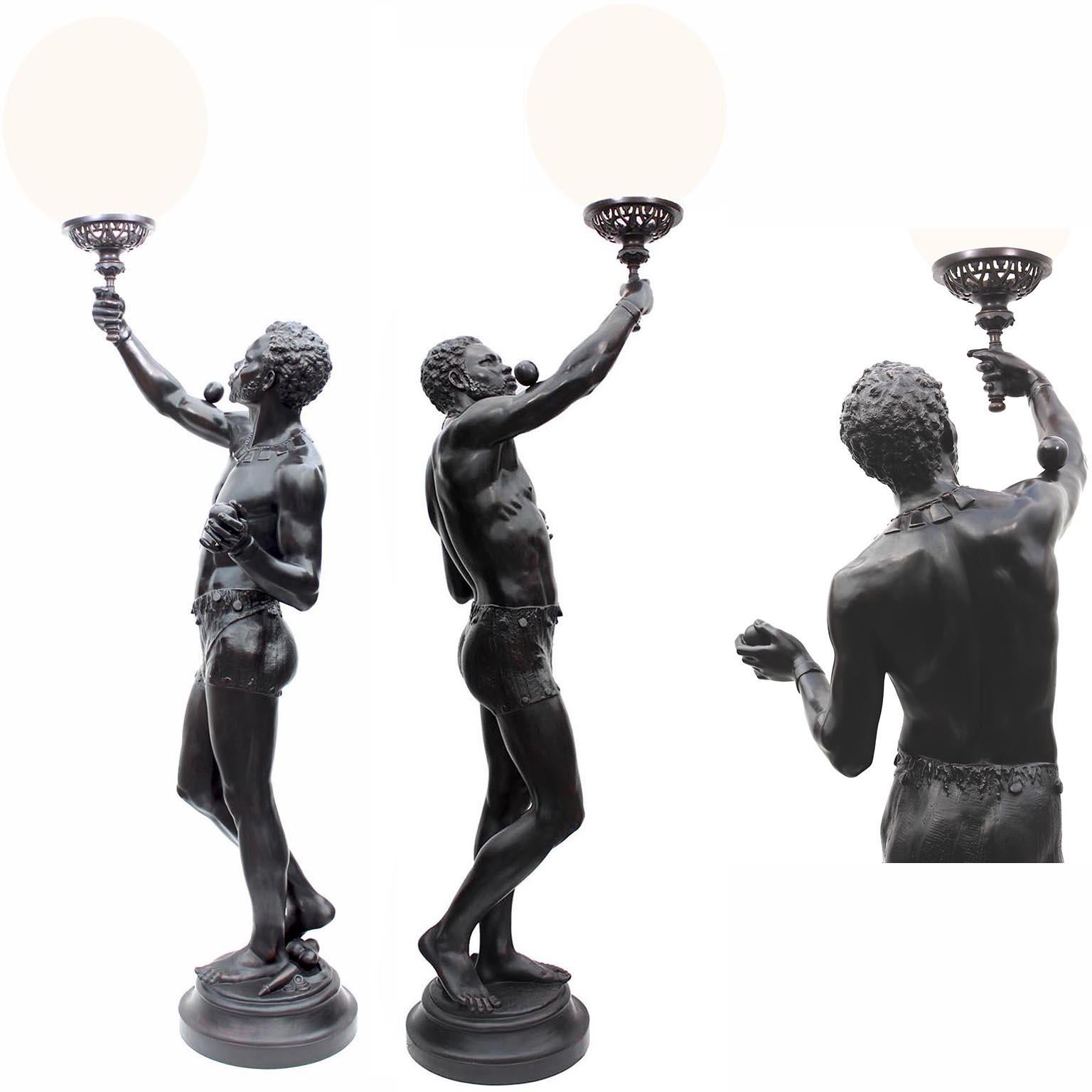 A Life-Size Pair French Cast-Iron Torchères Sculptures Juggler & Serpent Charmer For Sale 6
