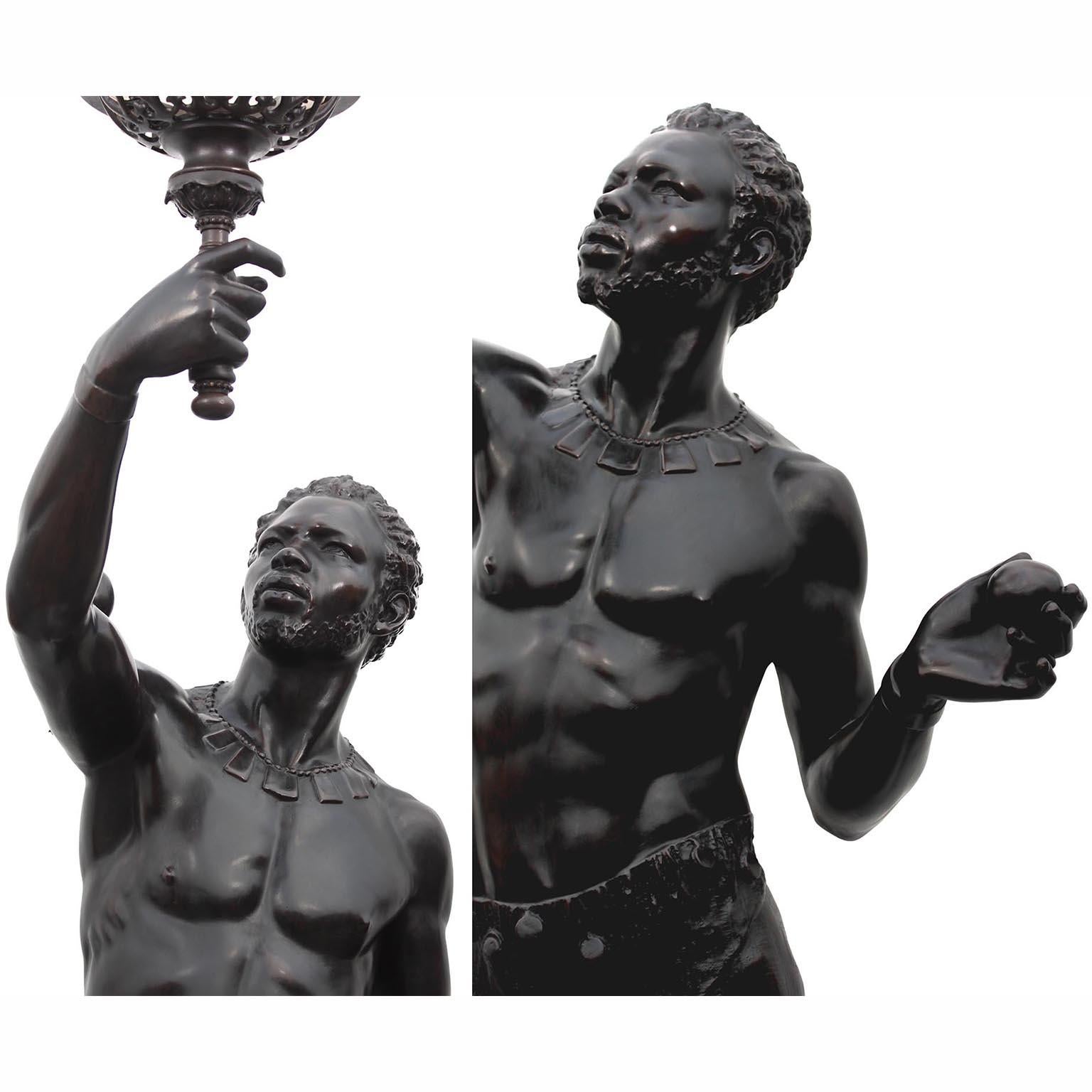 A Life-Size Pair French Cast-Iron Torchères Sculptures Juggler & Serpent Charmer For Sale 7
