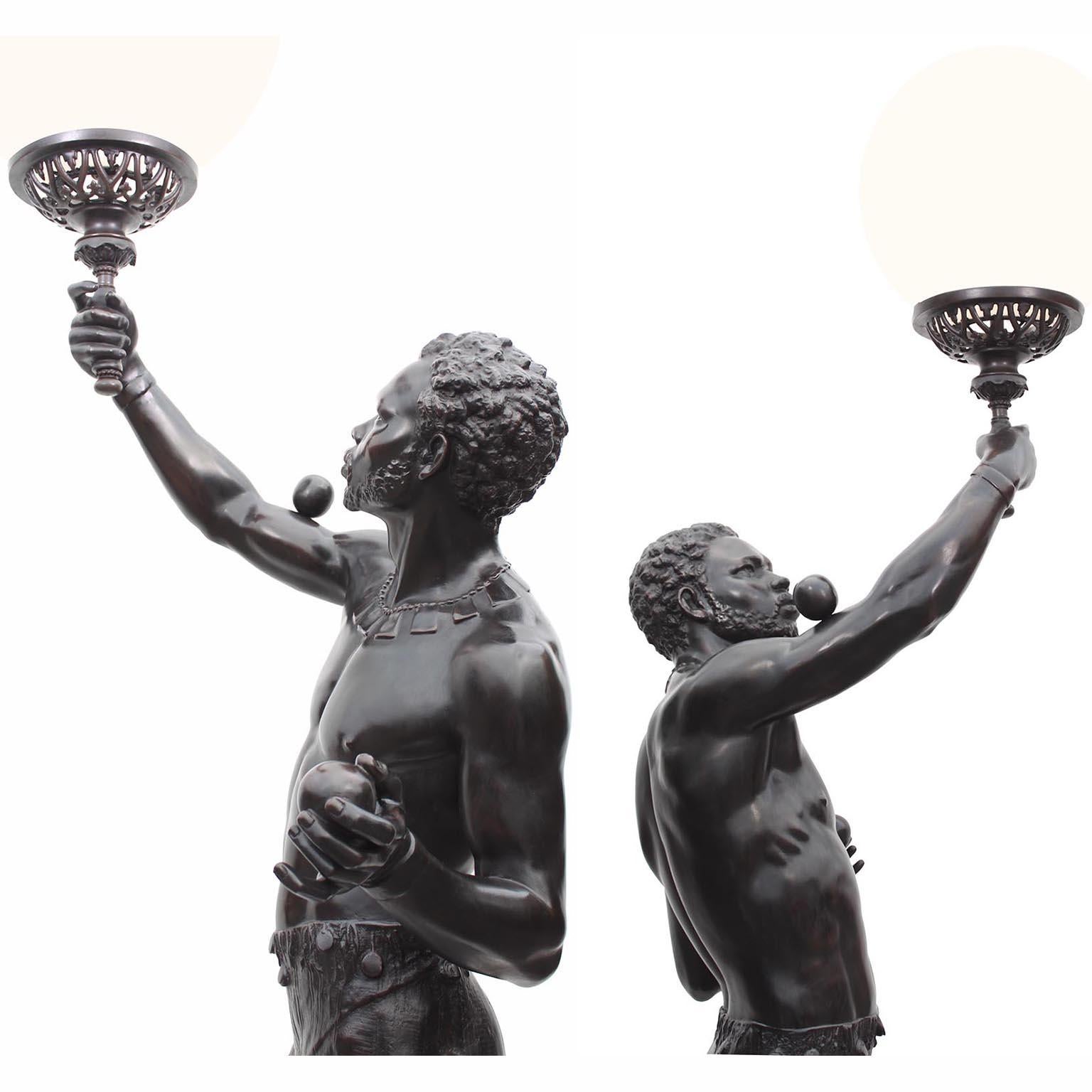 A Life-Size Pair French Cast-Iron Torchères Sculptures Juggler & Serpent Charmer For Sale 8
