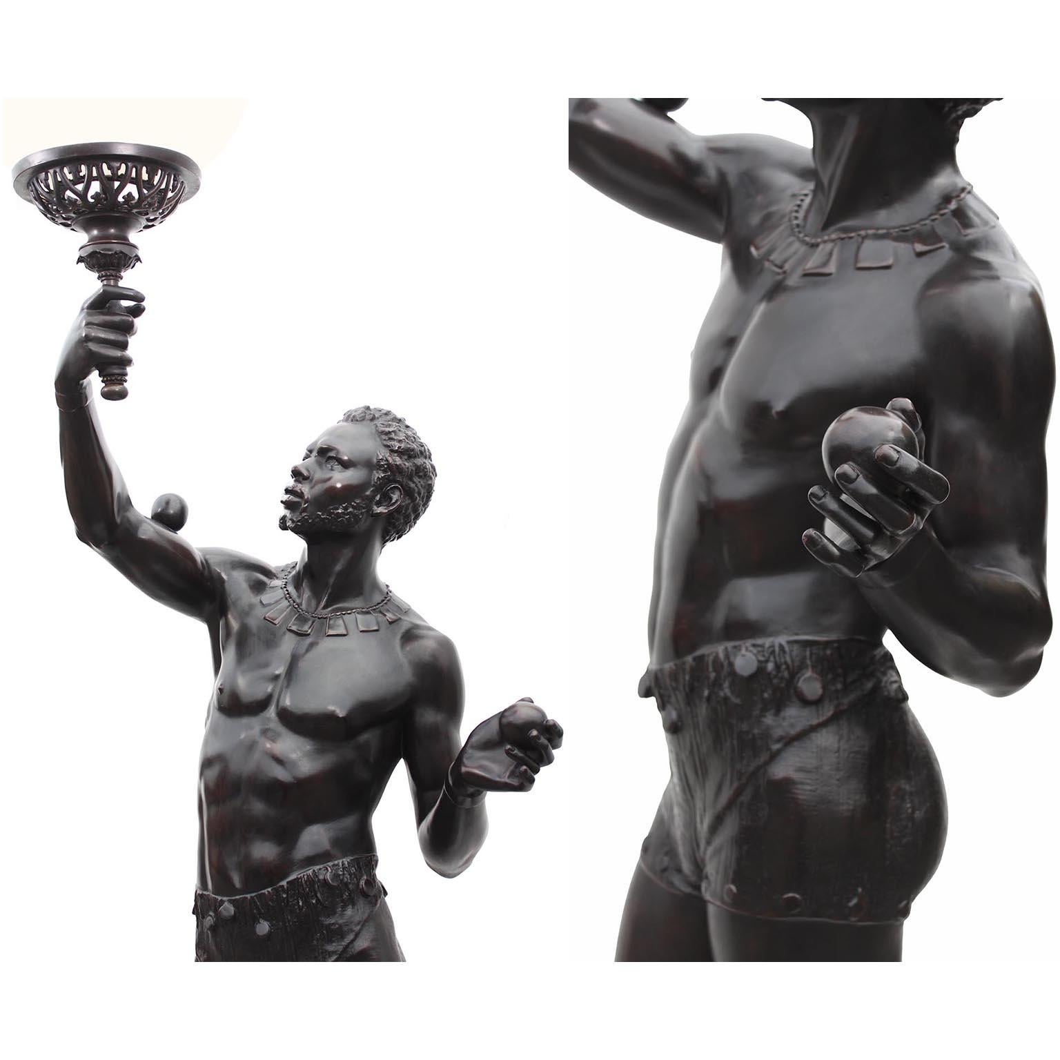A Life-Size Pair French Cast-Iron Torchères Sculptures Juggler & Serpent Charmer For Sale 9