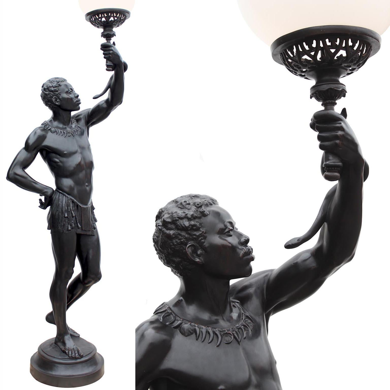 Moorish A Life-Size Pair French Cast-Iron Torchères Sculptures Juggler & Serpent Charmer For Sale
