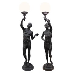 Vintage A Life-Size Pair French Cast-Iron Torchères Sculptures Juggler & Serpent Charmer