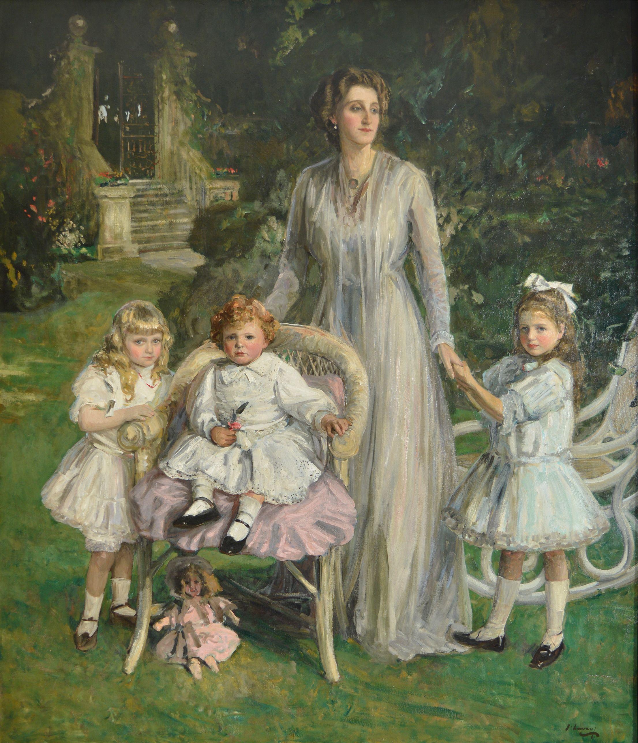 Artist: Sir John Lavery (1856-1941)
Name: “Archibald Benn Duntley Maconochie with his Mother and Sisters”
Style: Oil on canvas
Year: 1908
Dimensions: 182.8 cm x 213.3 cm (200 cm x 230 cm framed)
Signed: front lower right - ‘J