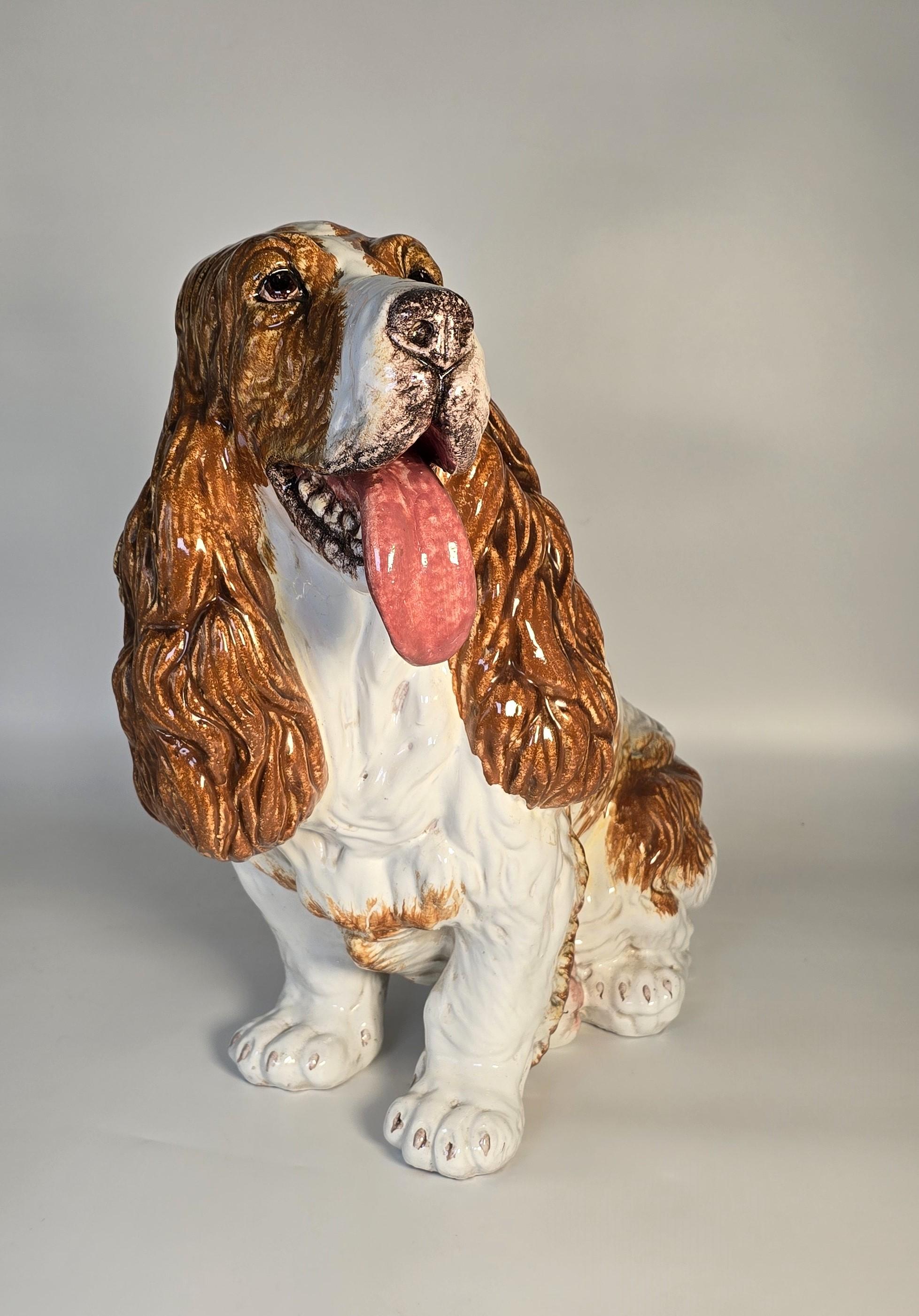 A life sized glazed terracotta spaniel gun dog sculpture/figure Italian C 1950 For Sale 3