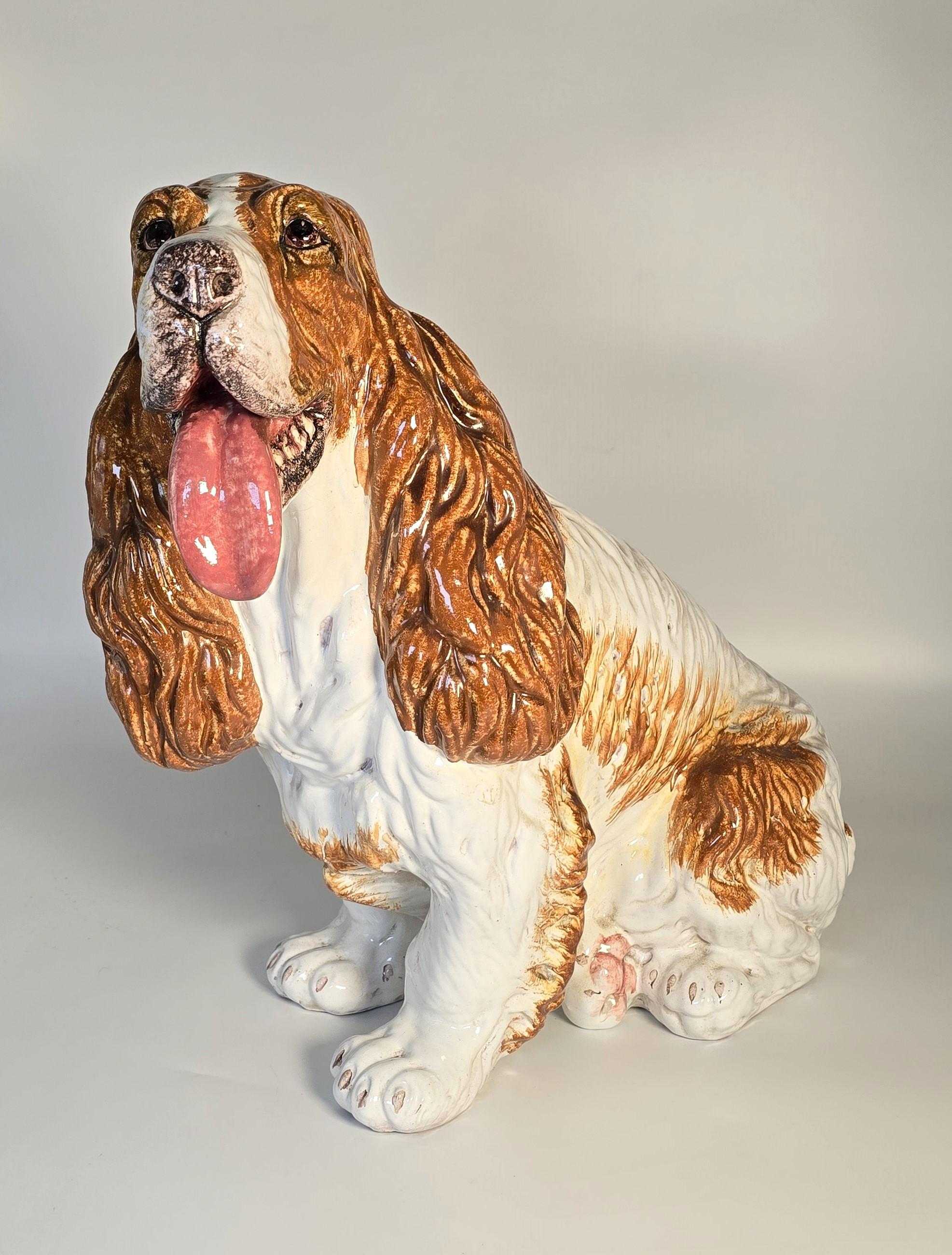 A life sized glazed terracotta spaniel gun dog sculpture/figure Italian C 1950 For Sale 4