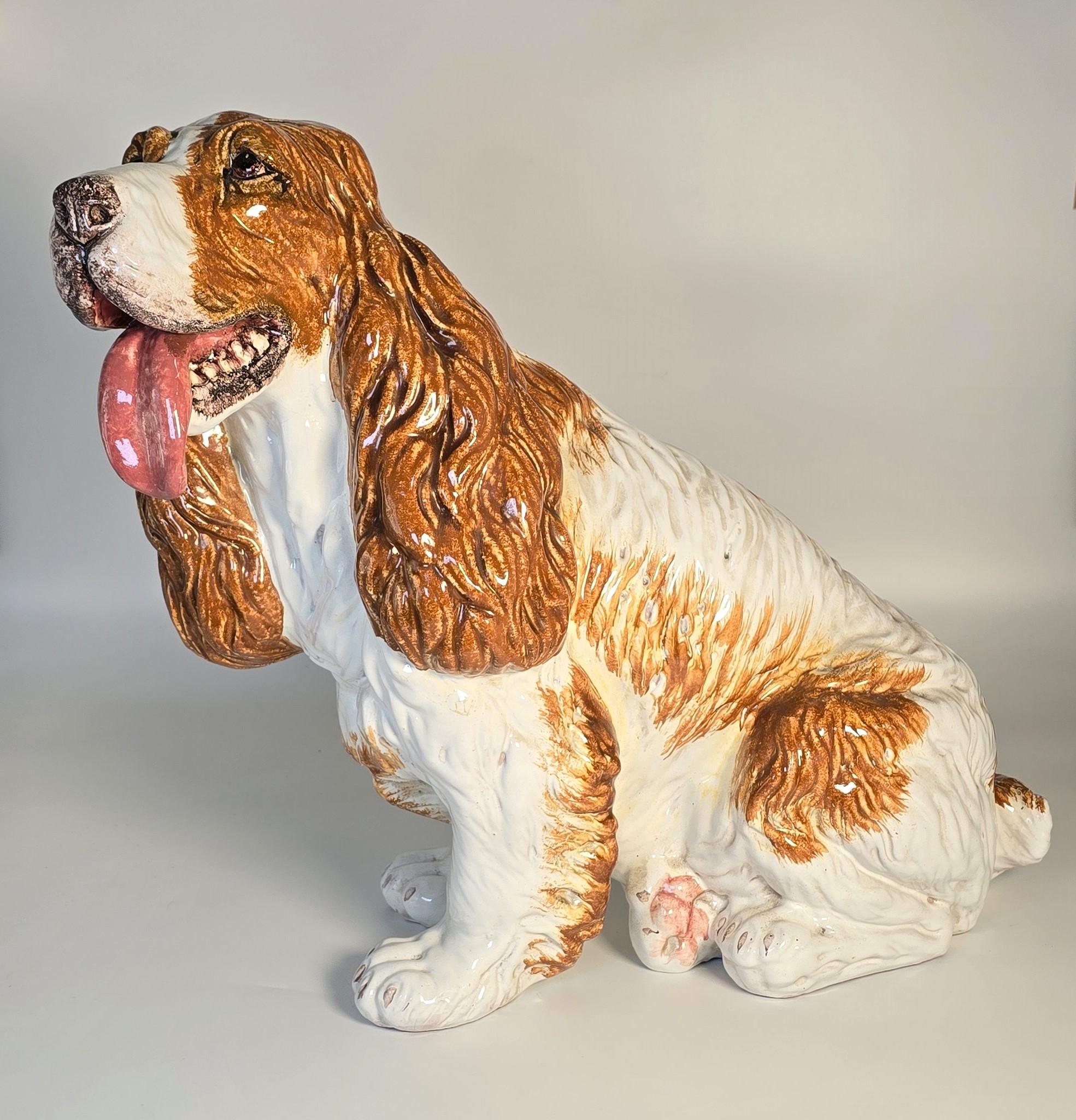 A life sized glazed terracotta spaniel gun dog sculpture/figure Italian C 1950 For Sale 5