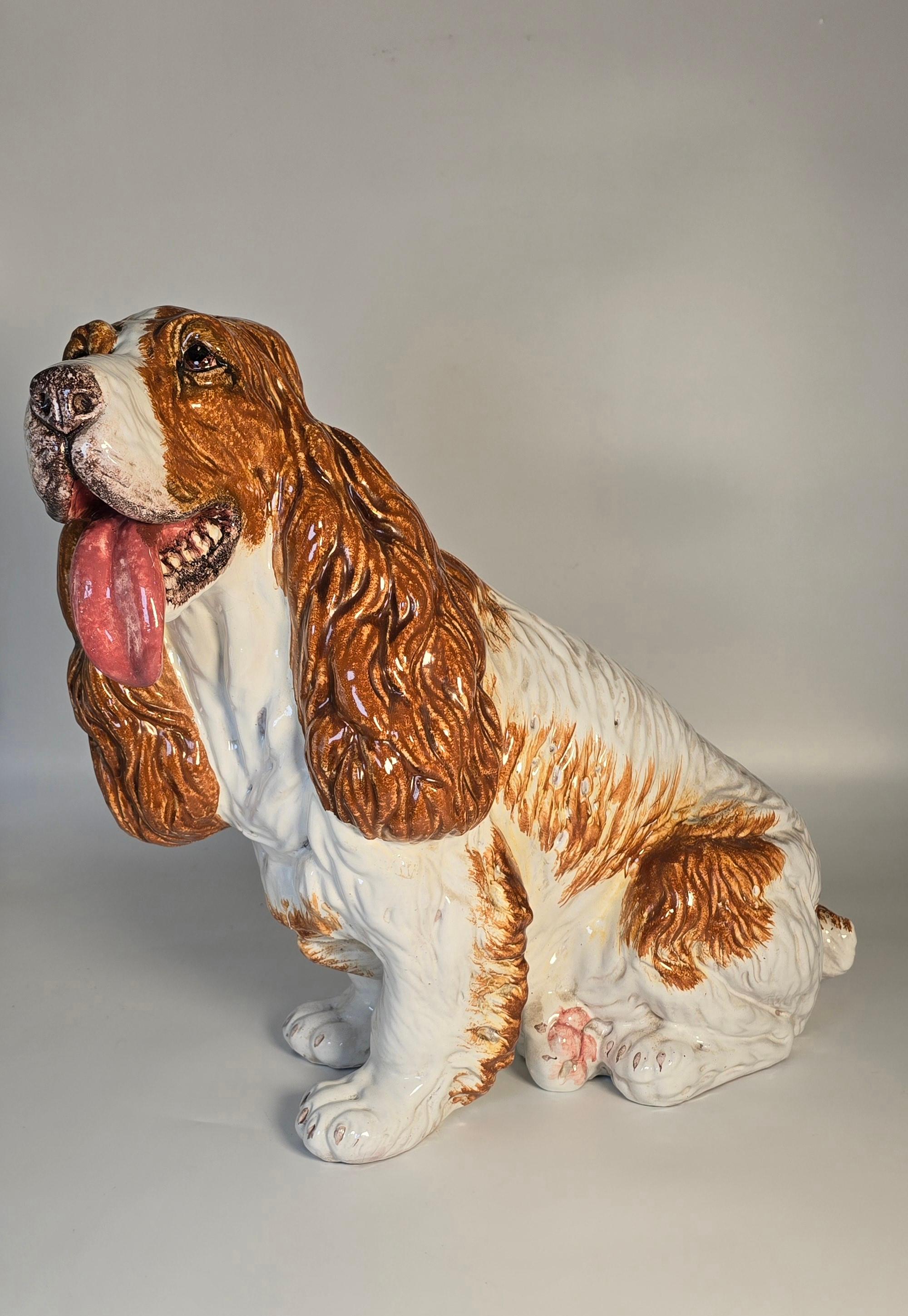 A life sized glazed terracotta spaniel gun dog sculpture/figure Italian C 1950 For Sale 7