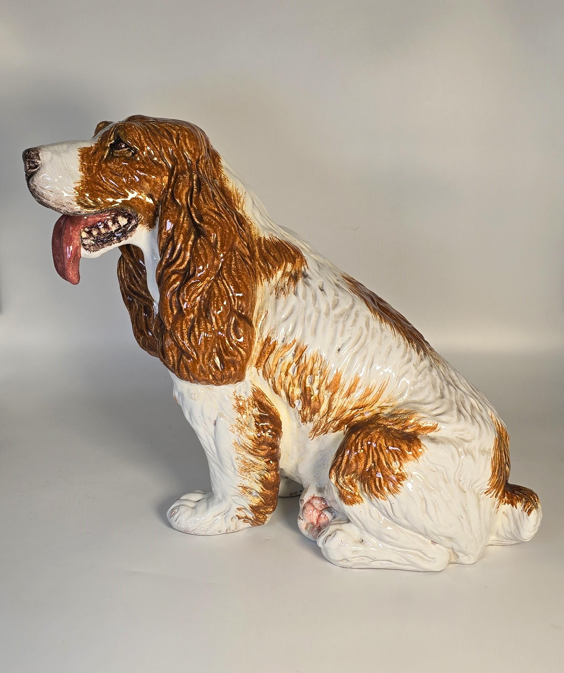 Mid-Century Modern A life sized glazed terracotta spaniel gun dog sculpture/figure Italian C 1950 For Sale