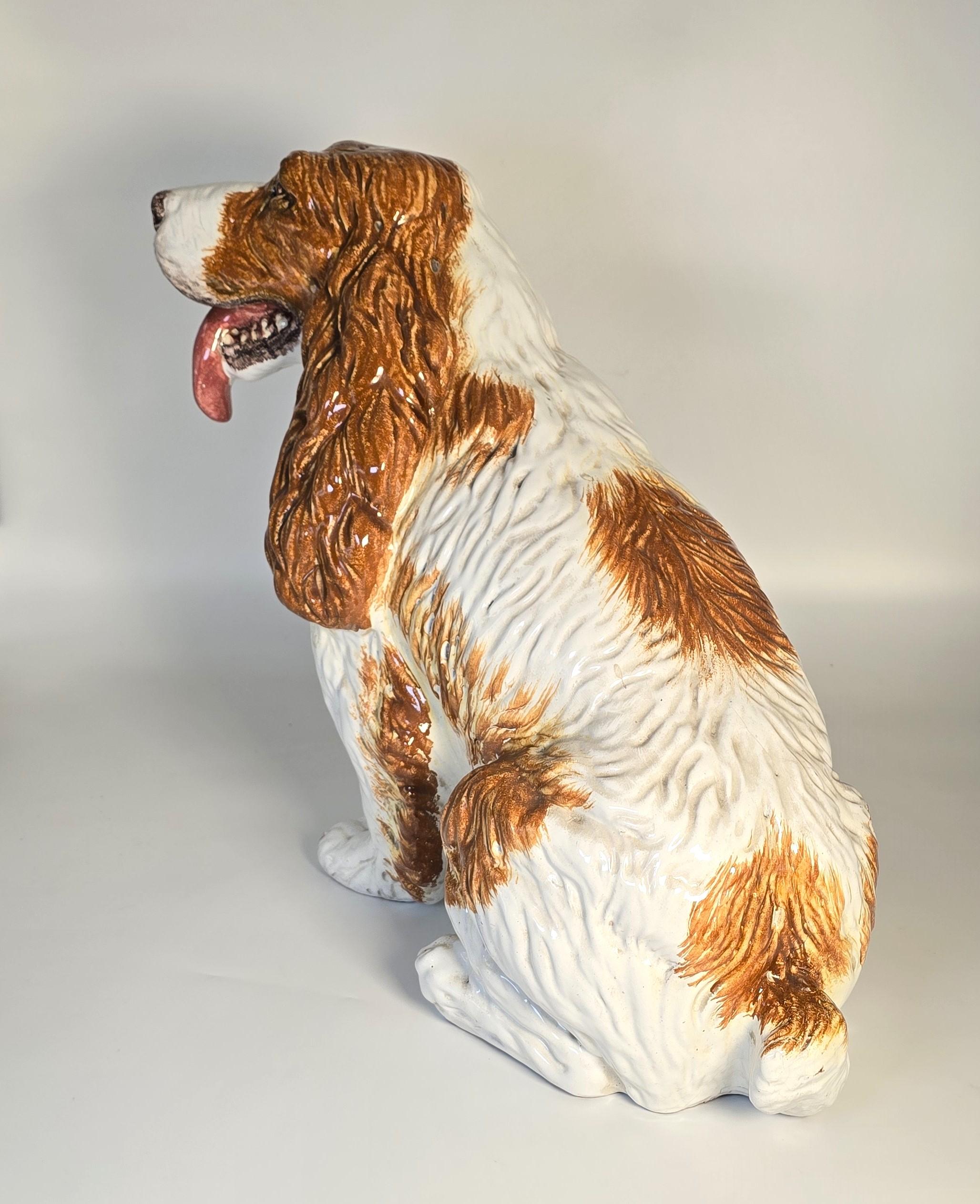 Hand-Crafted A life sized glazed terracotta spaniel gun dog sculpture/figure Italian C 1950 For Sale
