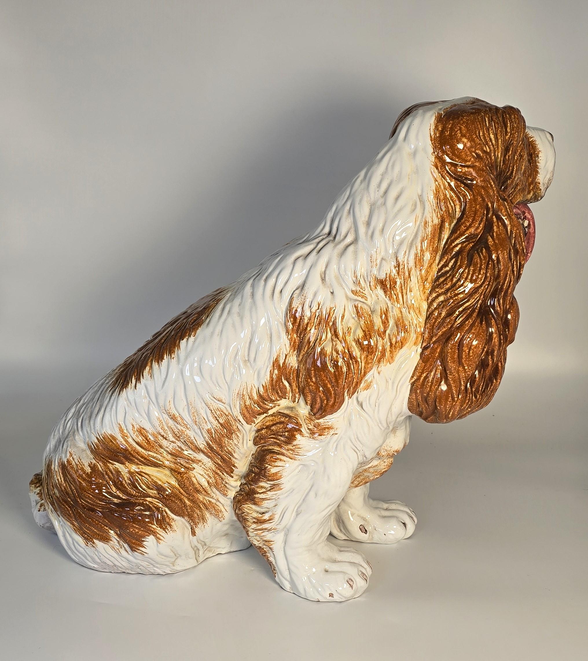 Terracotta A life sized glazed terracotta spaniel gun dog sculpture/figure Italian C 1950 For Sale