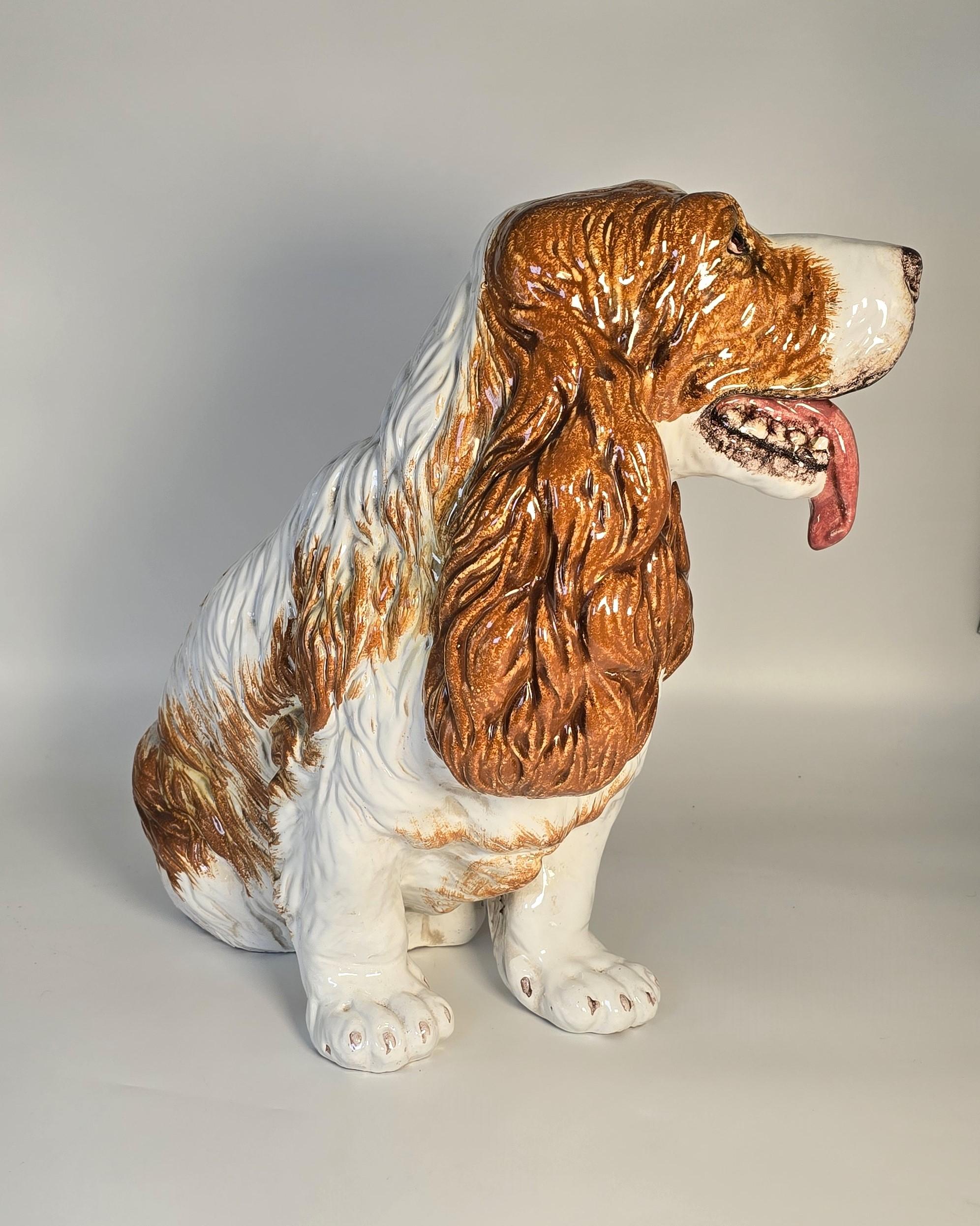 A life sized glazed terracotta spaniel gun dog sculpture/figure Italian C 1950 For Sale 1