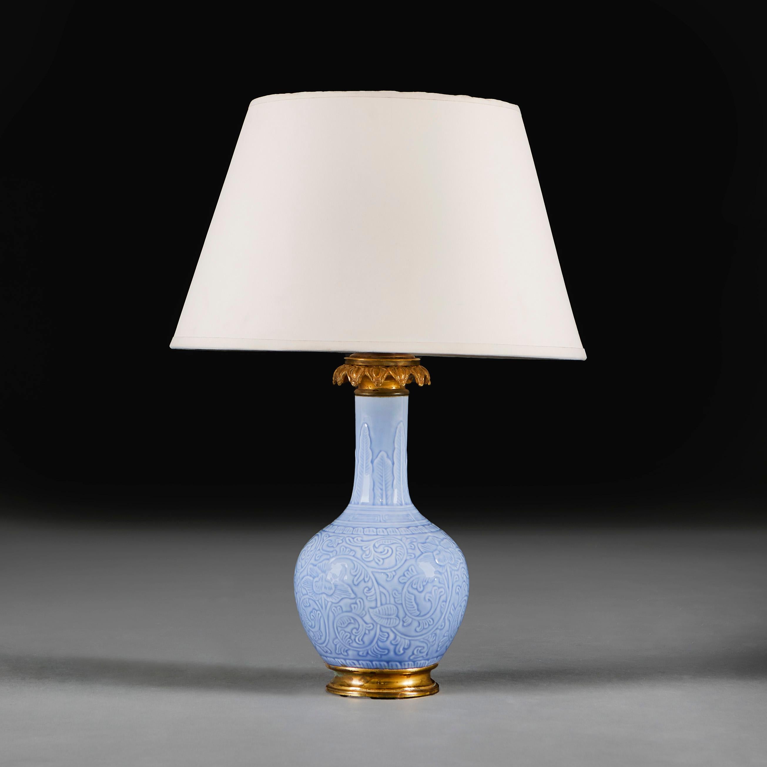 Glazed A Light Blue Celadon Glaze Vase as a Table Lamp For Sale