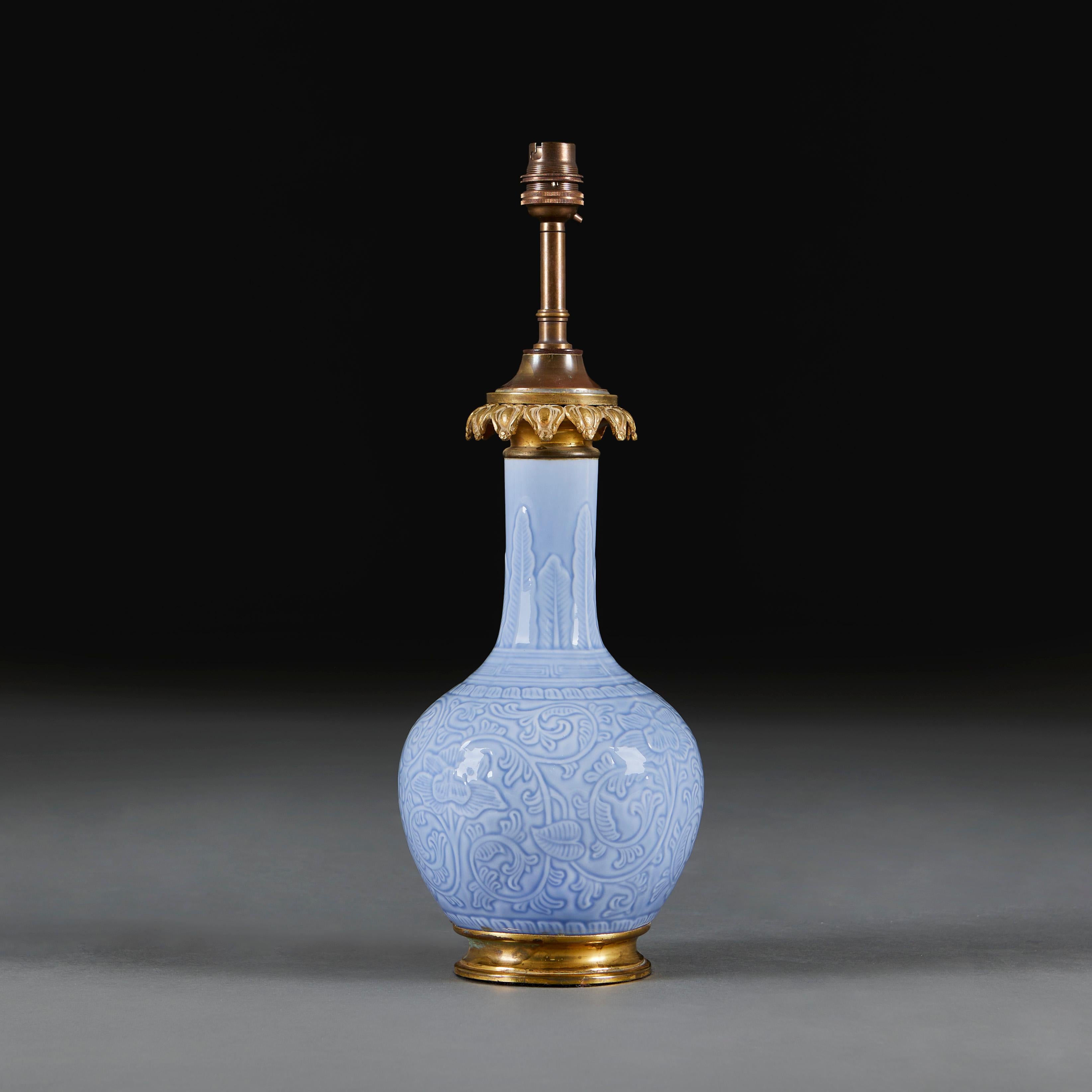 A Light Blue Celadon Glaze Vase as a Table Lamp In Good Condition For Sale In London, GB