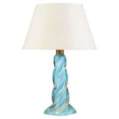 Vintage Light Blue Spiral Glass Lamp with Gold Flecks