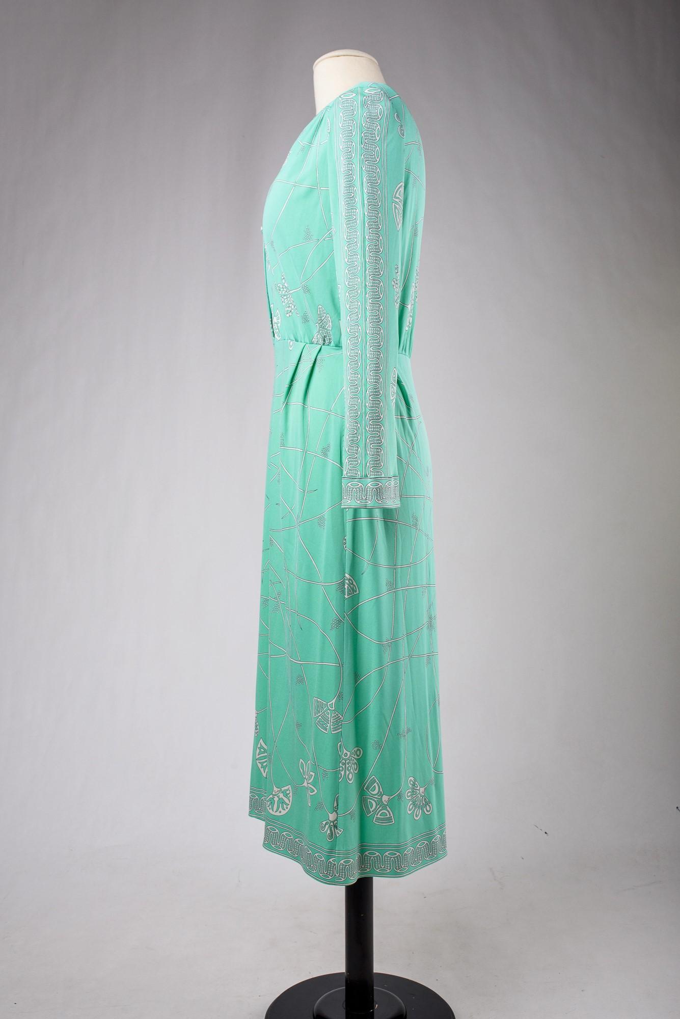 A light green printed silk jersey dress by Emilio Pucci - Italy Circa 1980 For Sale 6