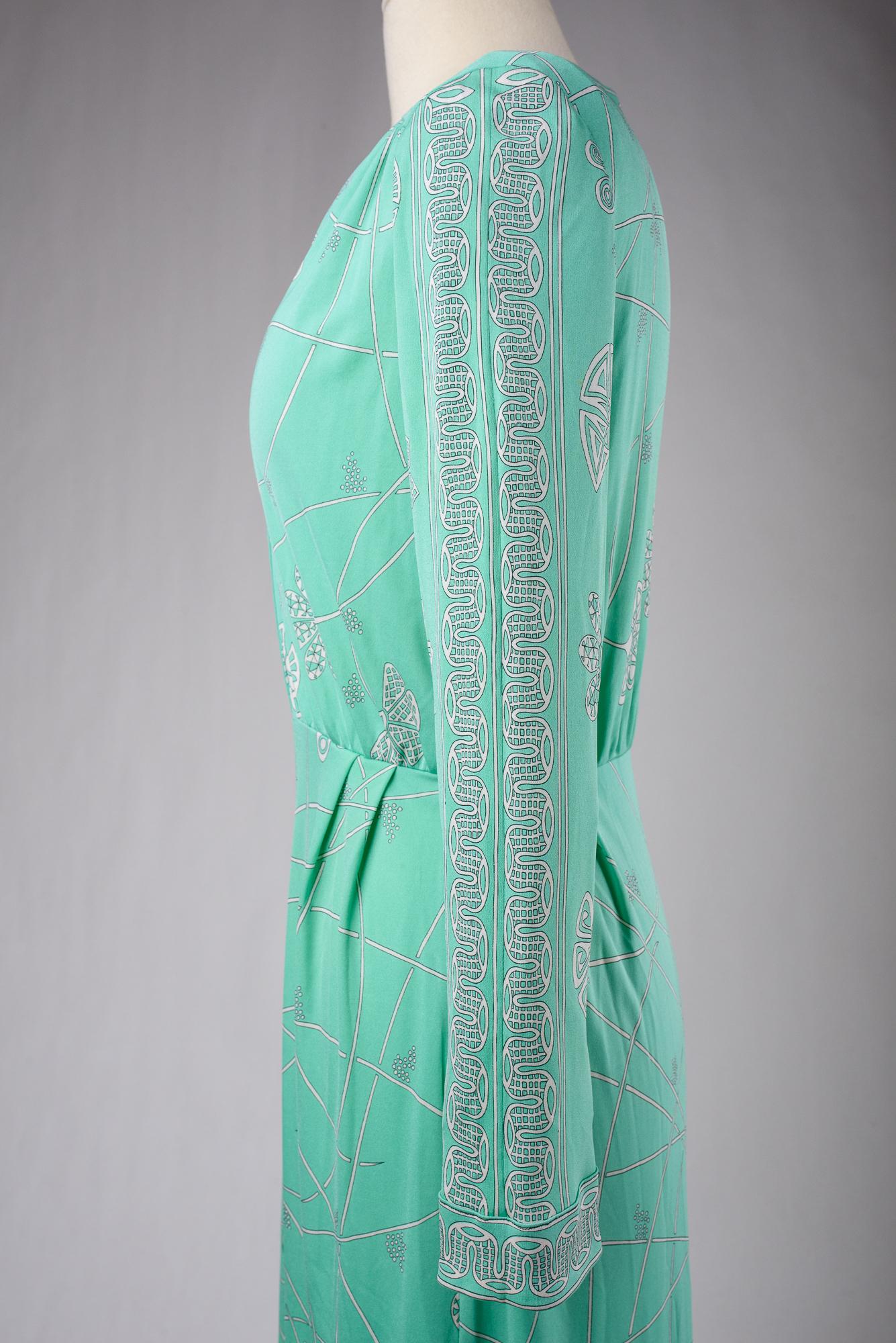 A light green printed silk jersey dress by Emilio Pucci - Italy Circa 1980 For Sale 7