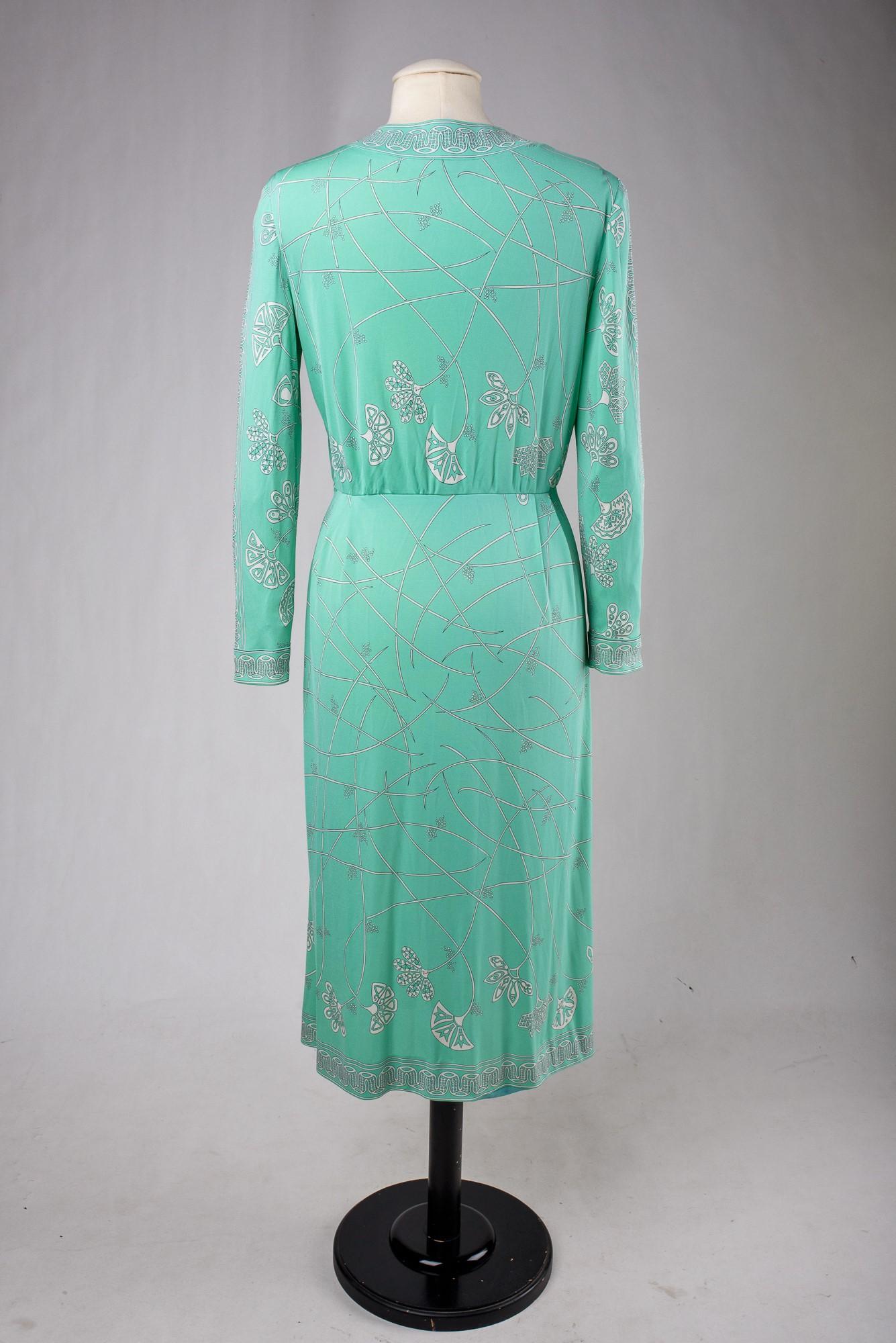 A light green printed silk jersey dress by Emilio Pucci - Italy Circa 1980 For Sale 10