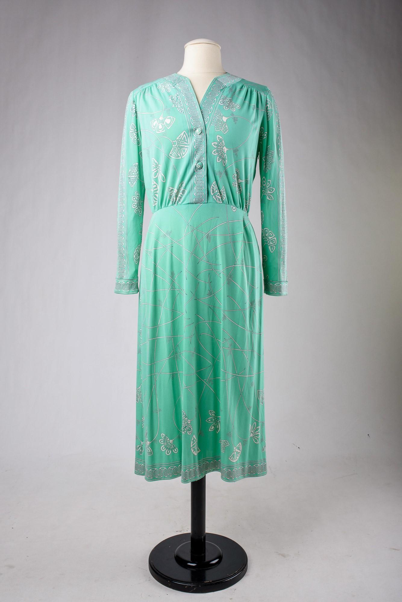 A light green printed silk jersey dress by Emilio Pucci - Italy Circa 1980 For Sale 1