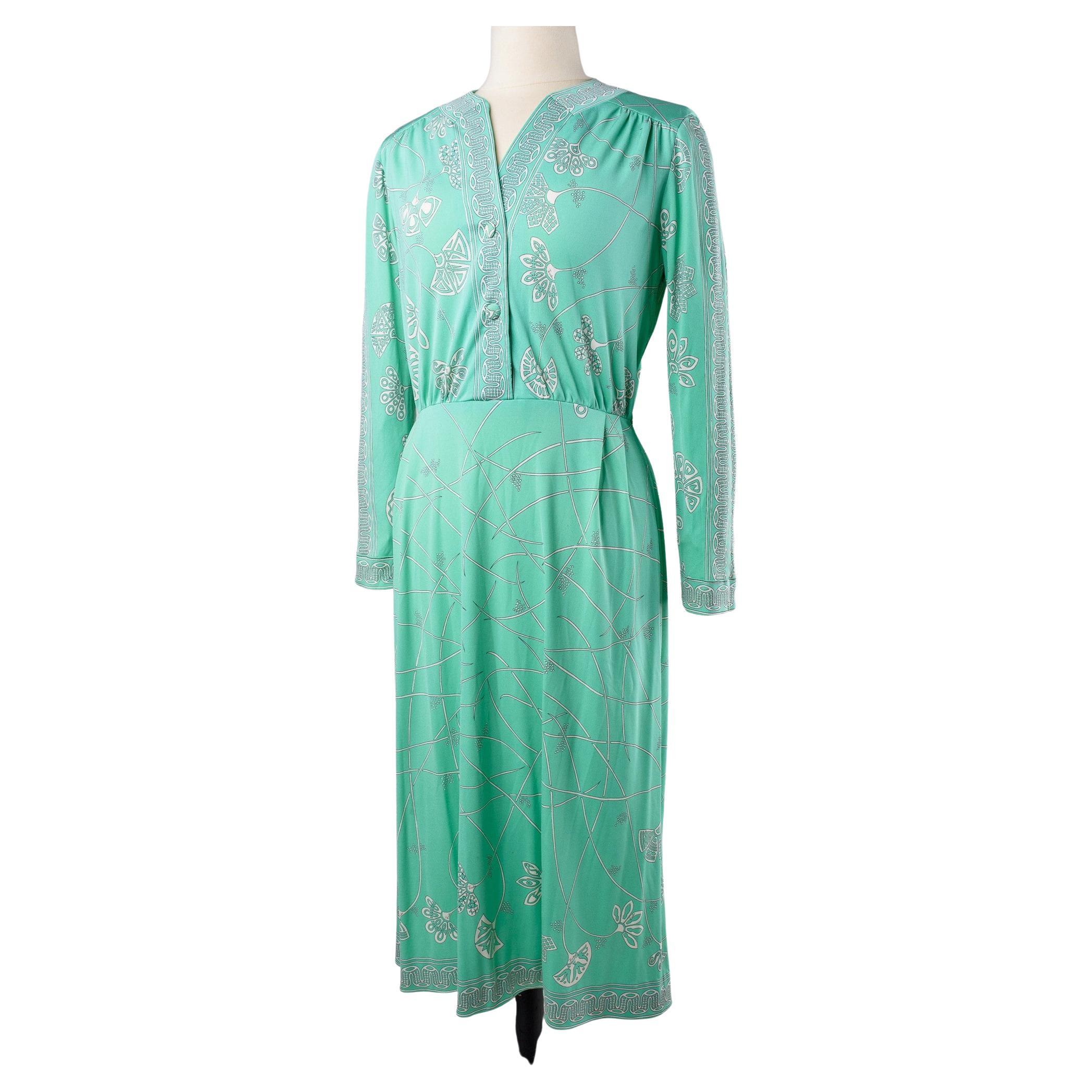 A light green printed silk jersey dress by Emilio Pucci - Italy Circa 1980 For Sale