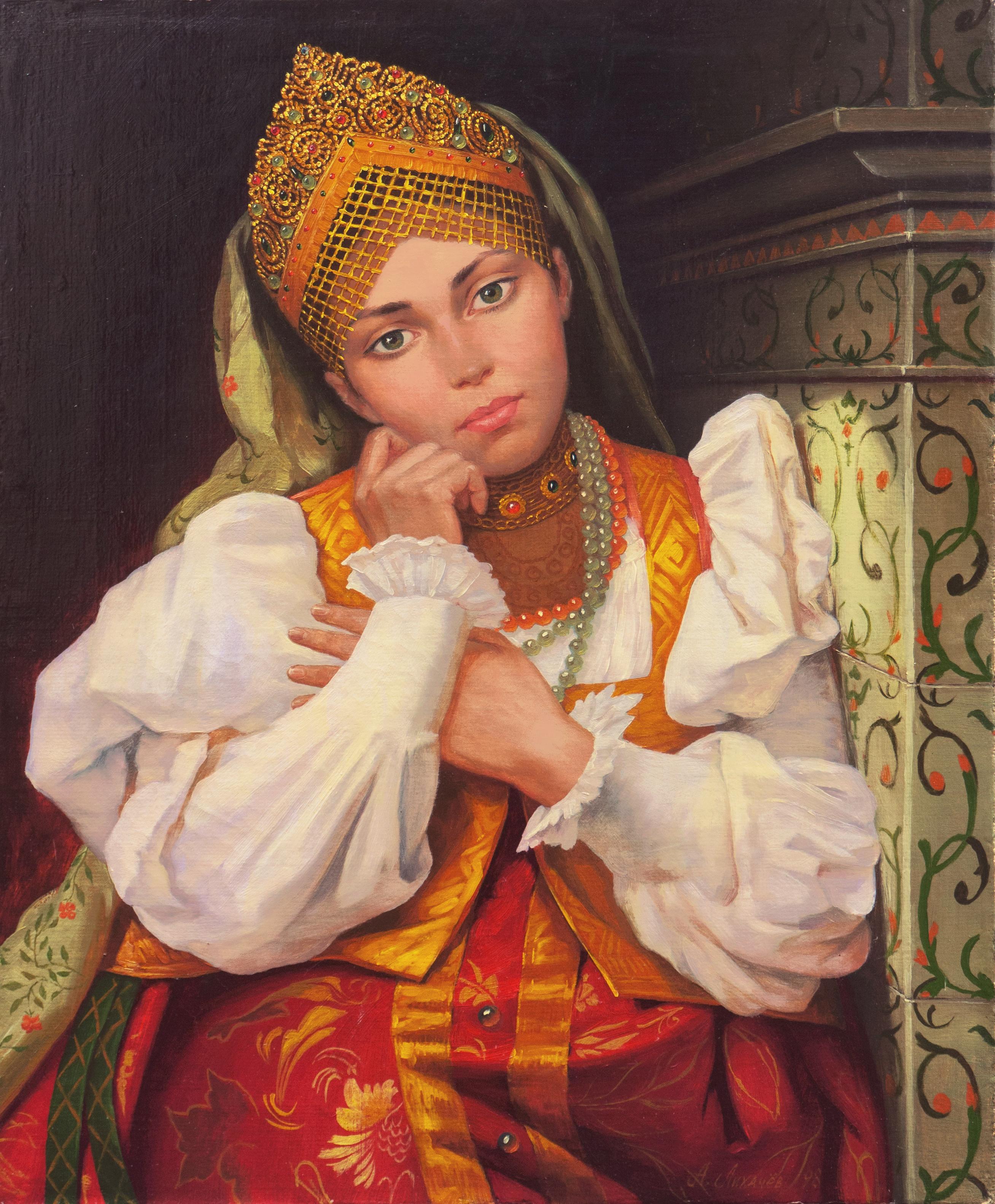 A. Lihachev Figurative Painting - 'Portrait of a Young Caucasian Woman', Traditional Folk Dress, Russian Orthodox