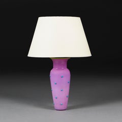 A Lilac and Blue Polka Dot Murano Glass Vase as a Table Lamp with Green Rim