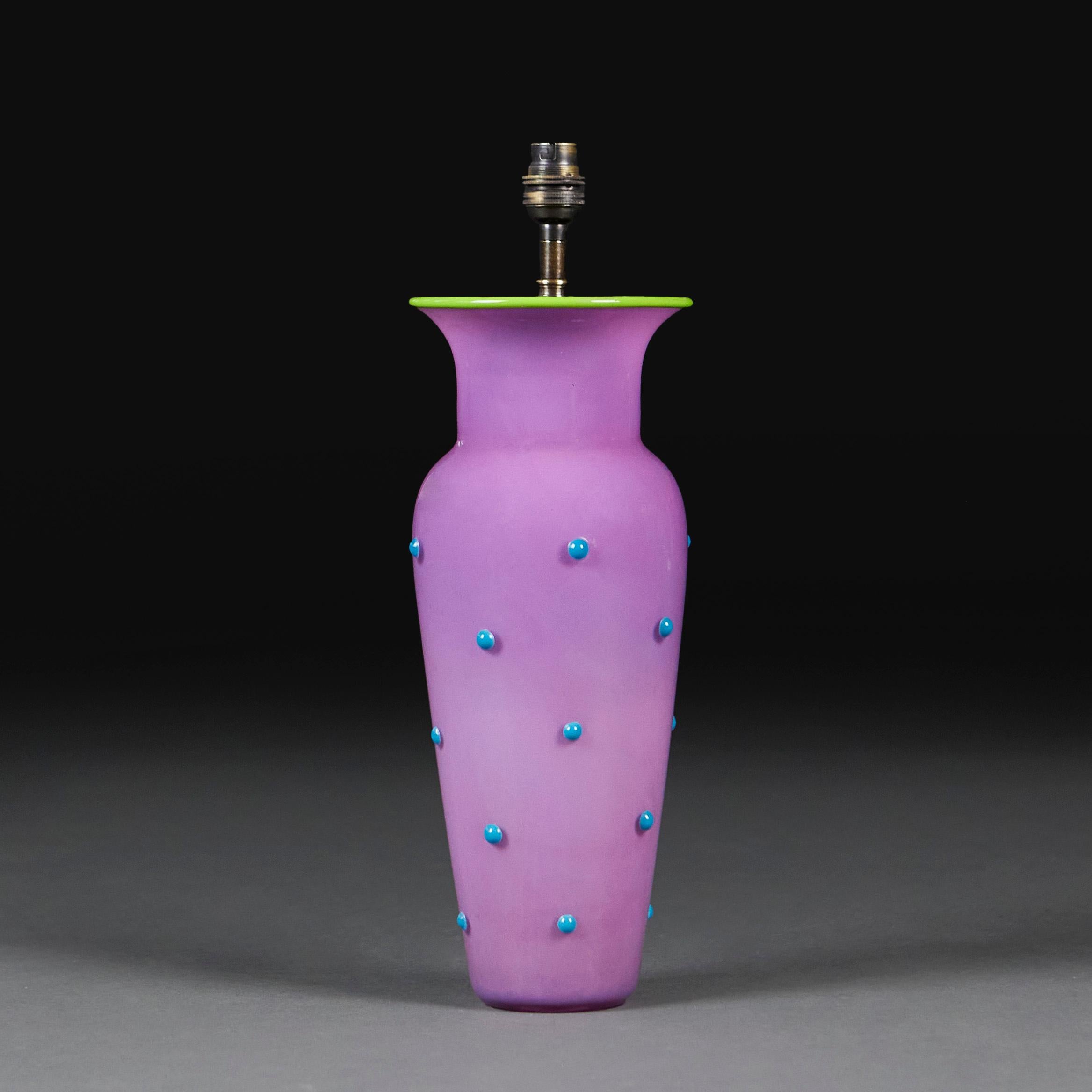 Italian A Lilac and Blue Polka Dot Murano Glass Vase as a Table Lamp with Green Rim