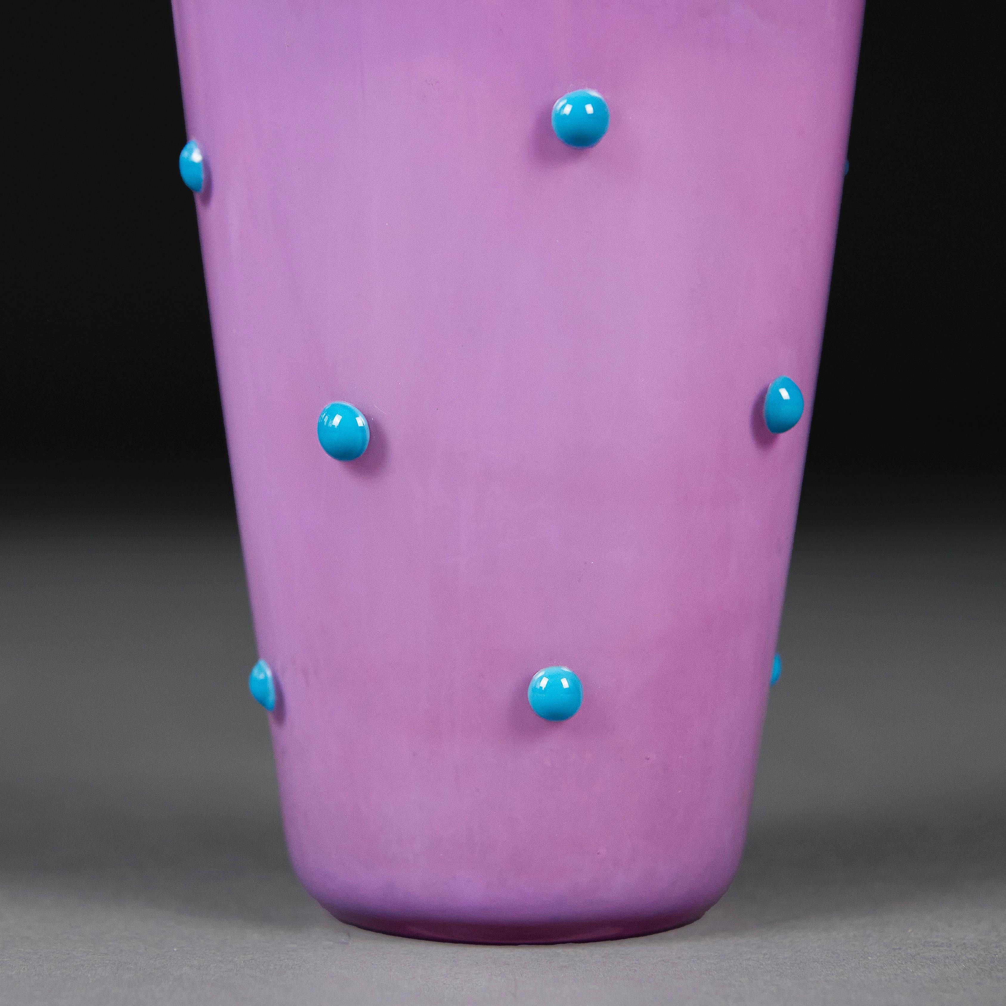 20th Century A Lilac and Blue Polka Dot Murano Glass Vase as a Table Lamp with Green Rim
