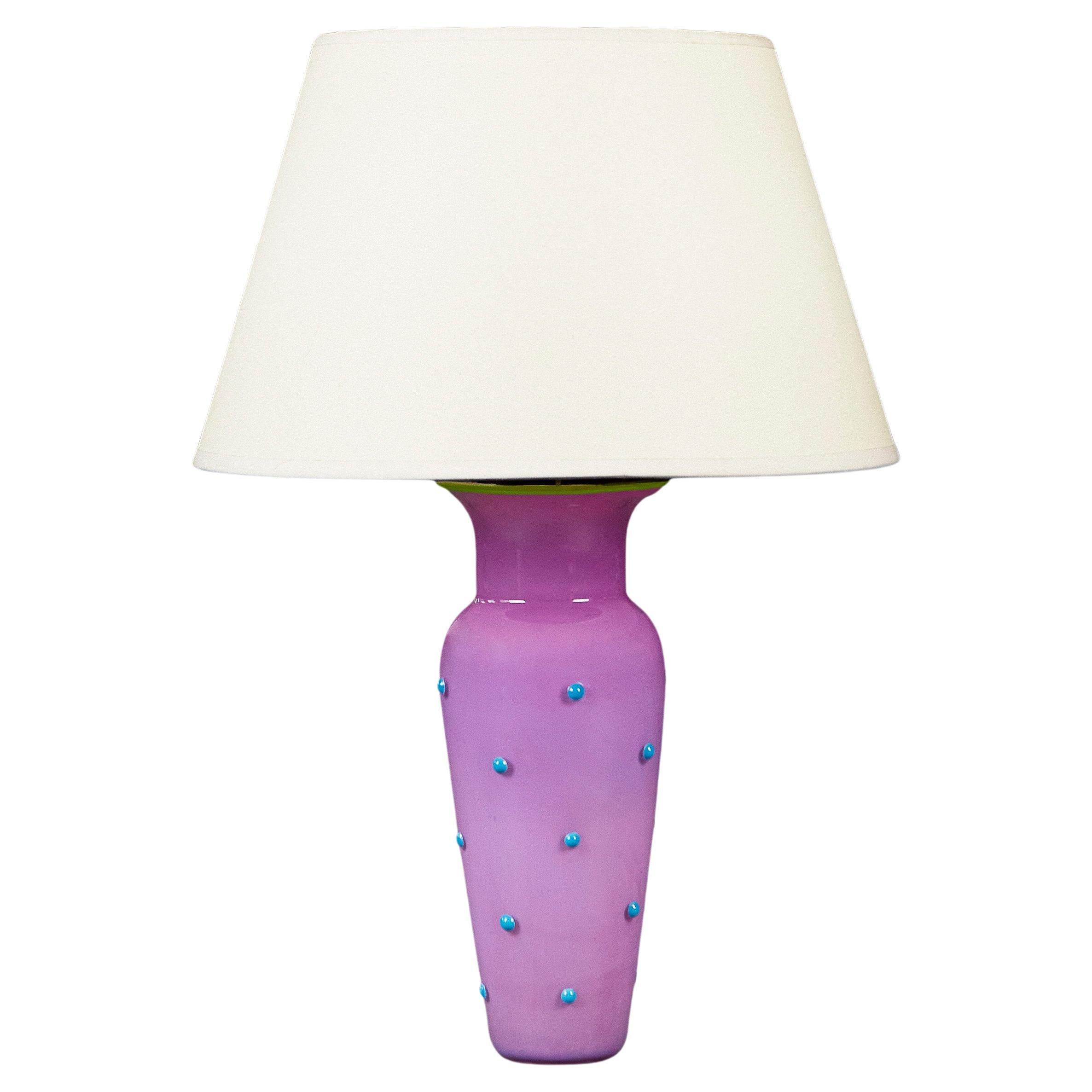 A Lilac and Blue Polka Dot Murano Glass Vase as a Table Lamp with Green Rim For Sale