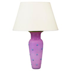A Lilac and Blue Polka Dot Murano Glass Vase as a Table Lamp with Green Rim