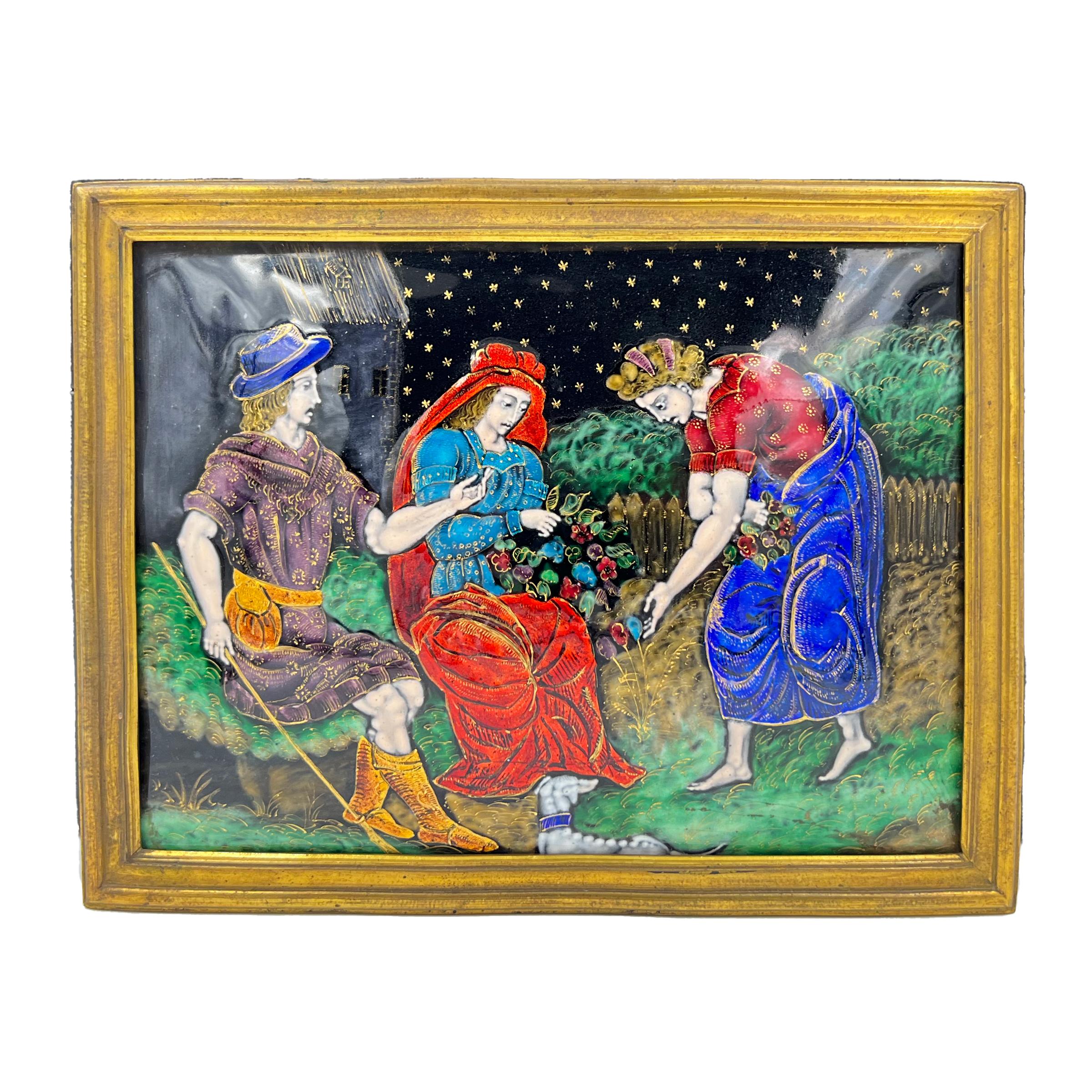 Diese exquisite Emaille-Plakette aus Limoges aus dem 19. Jahrhundert, die der renommierten Werkstatt Samson zugeschrieben wird, ist ein schönes Beispiel für die von der Renaissance inspirierte Handwerkskunst des Revivalismus. Die Plakette ist