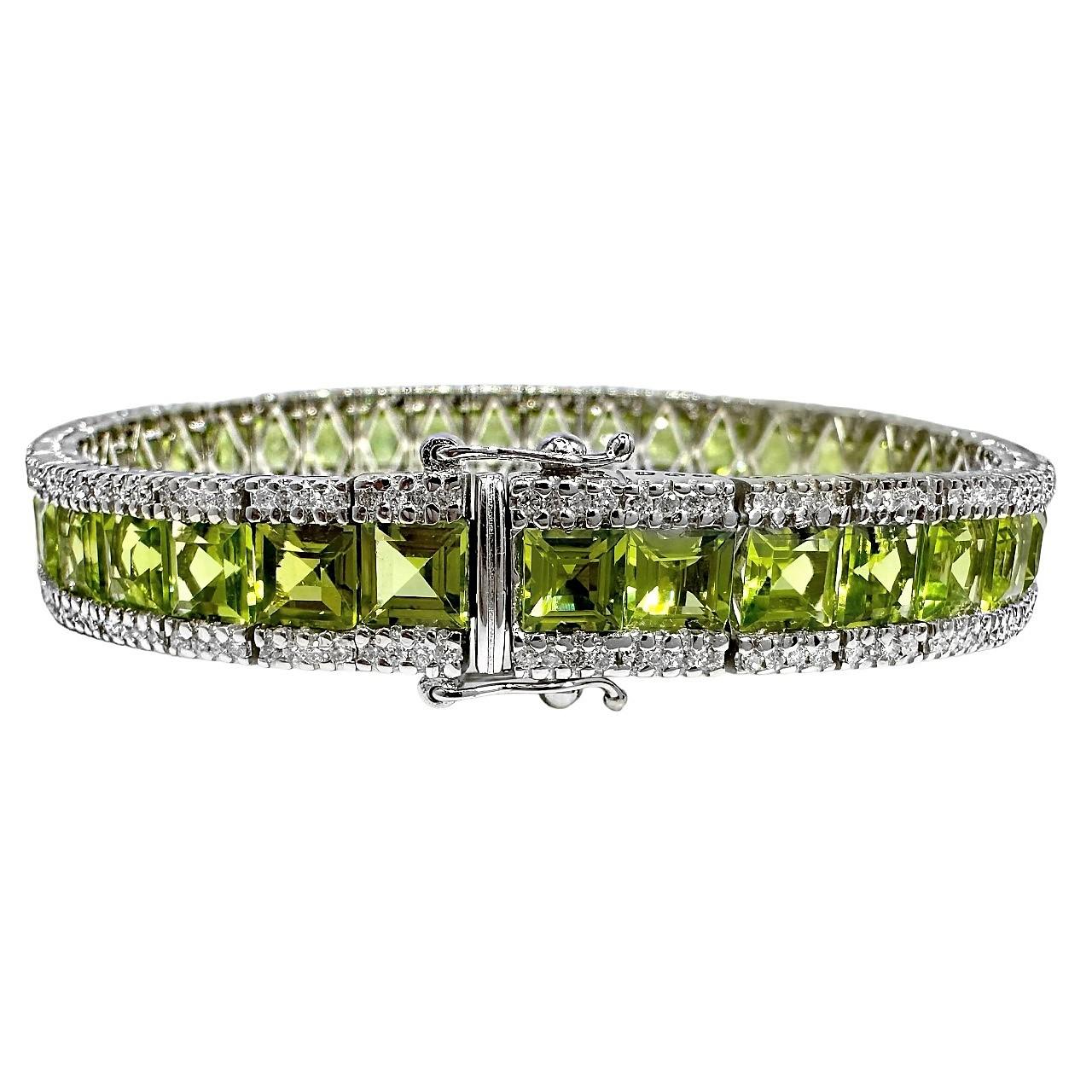 Women's or Men's Line Bracelet of Square Cut Peridot in White Gold with Diamonds For Sale