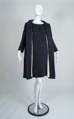 Black A-Line Quilted Silk Matelassé Camelot Shift Dress and Coat - M, 1960s