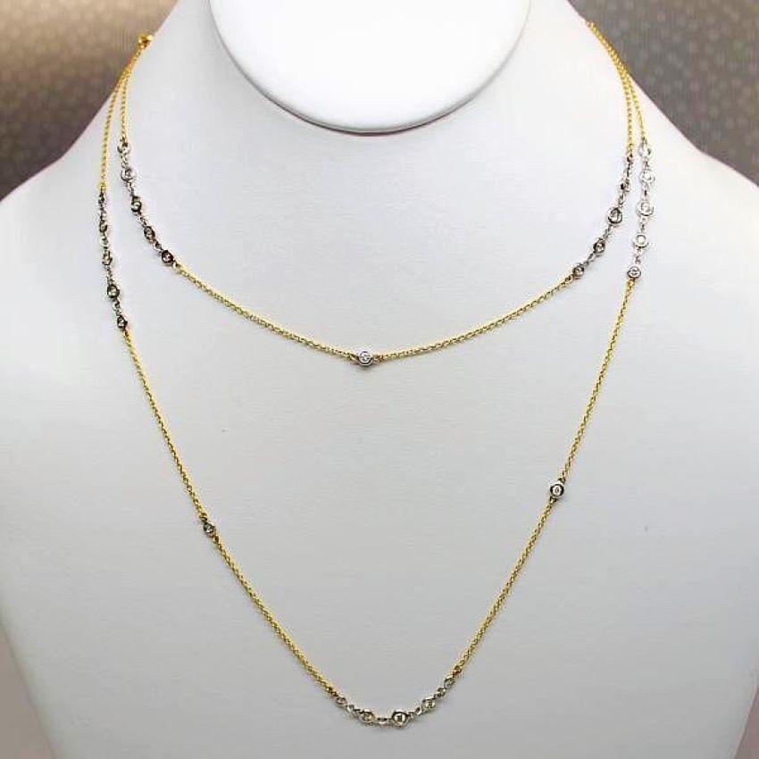Modern Link Bezel Diamonds by the Yard Necklace 18k White & Yellow Gold For Sale