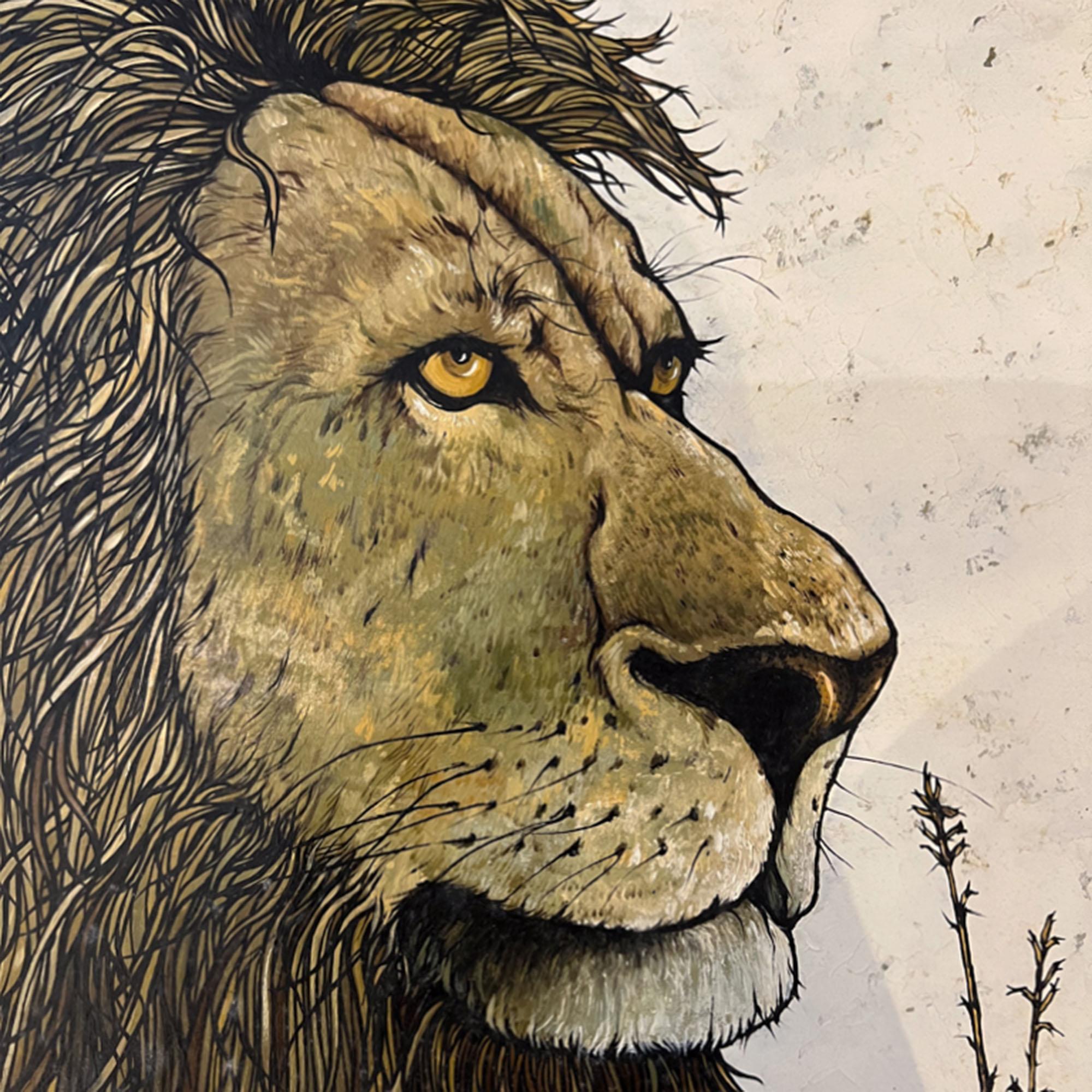 This is a wonderful painting of a male lion. Please take a look at all our pictures to see the intricate detail of his face and mane. 

We like the simplicity of the rest of the picture which really allows the subject to shine. 

K Ingerman was born