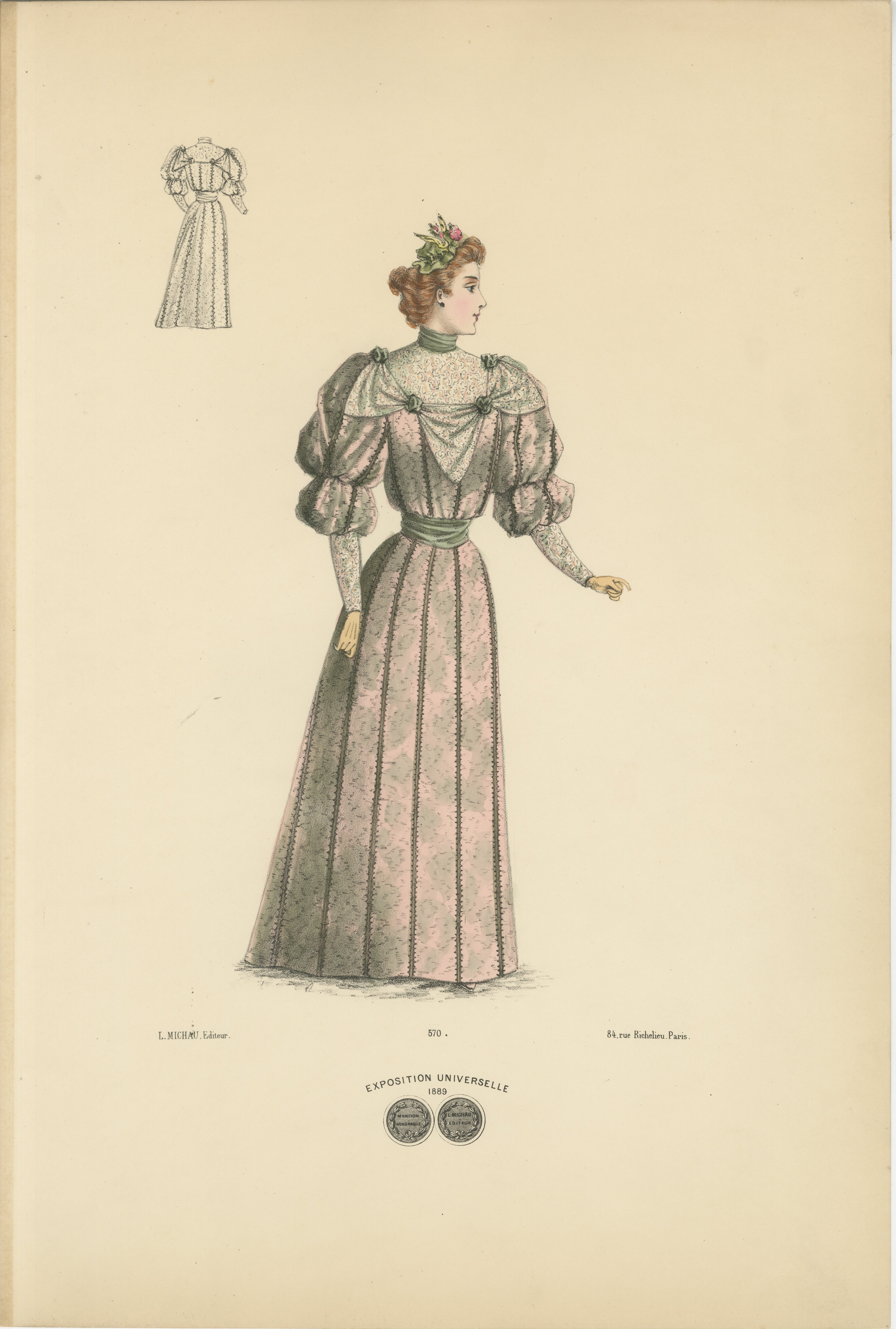 Diese Lithografie zeigt eine detailreiche Illustration einer Frau in der Mode des späten 19. Jahrhunderts, genauer gesagt aus dem Jahr 1889. Zu den gezeigten Kleidern gehört ein bodenlanges Kleid mit Puffärmeln, hohem Ausschnitt und aufwändiger