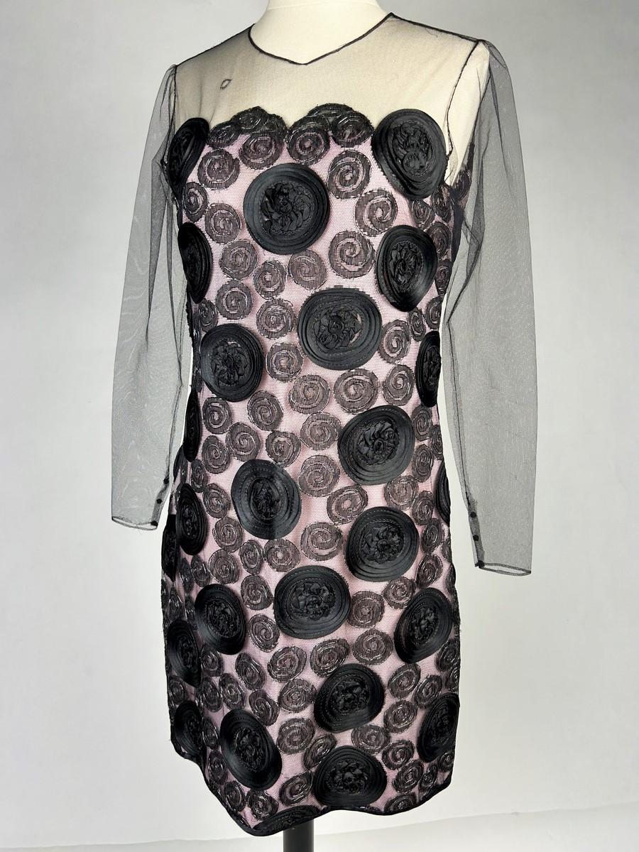 Women's A little black Couture evening dress in embroidered tulle  - France Circa 1968 For Sale