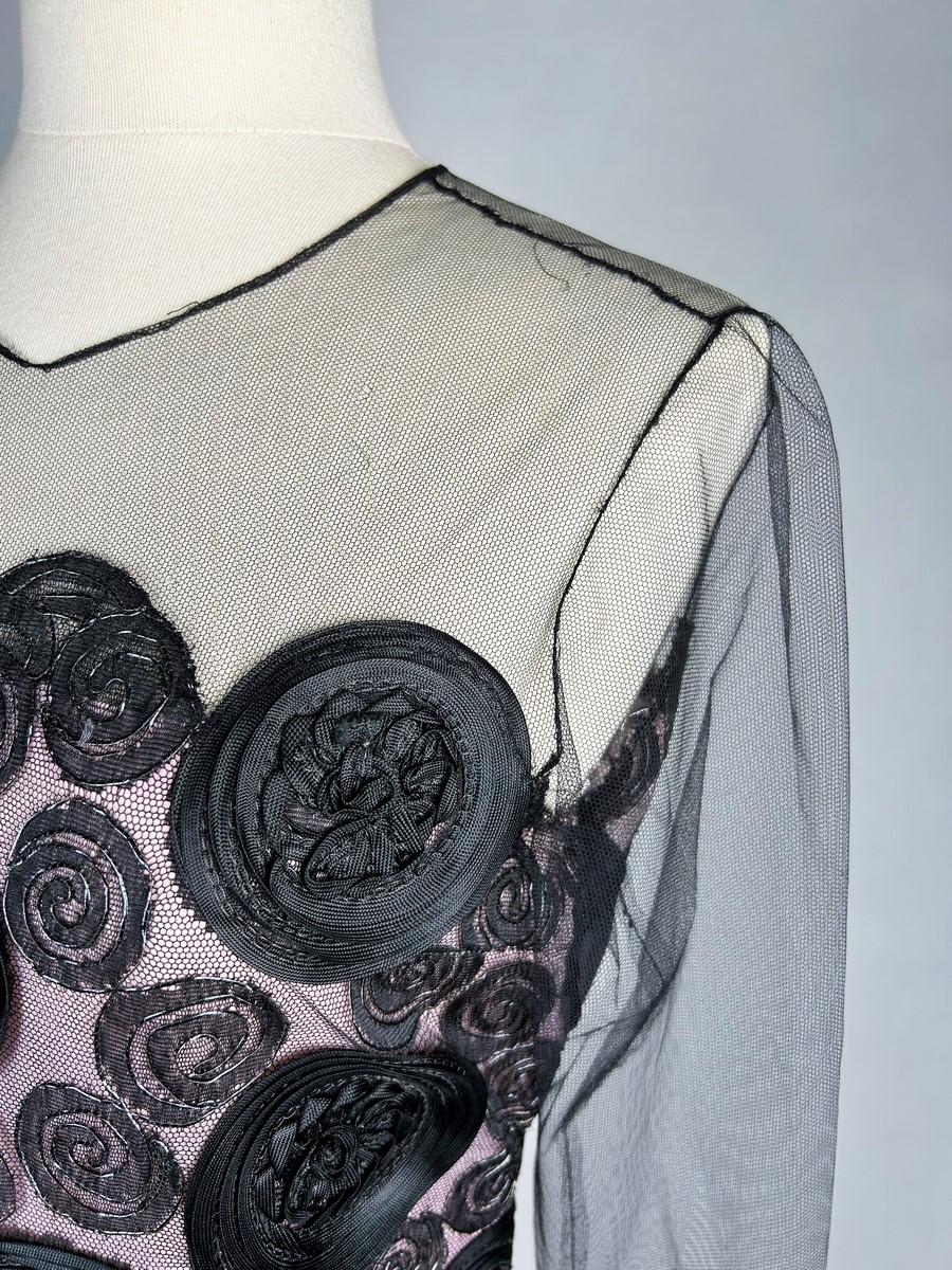 A little black Couture evening dress in embroidered tulle  - France Circa 1968 For Sale 1