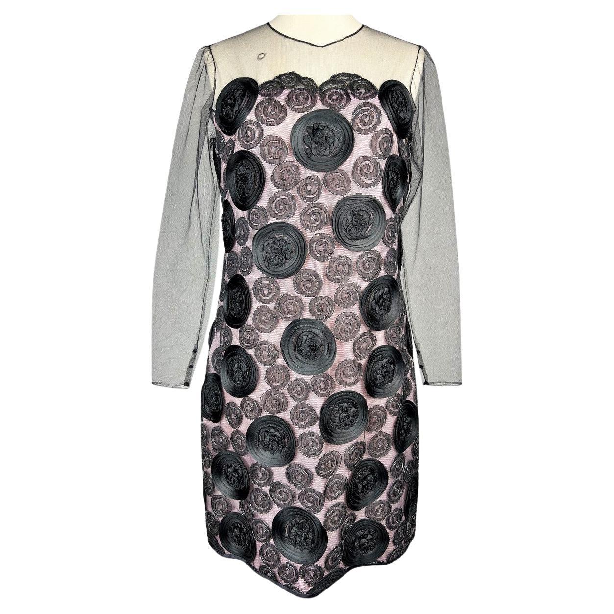 A little black Couture evening dress in embroidered tulle  - France Circa 1968 For Sale