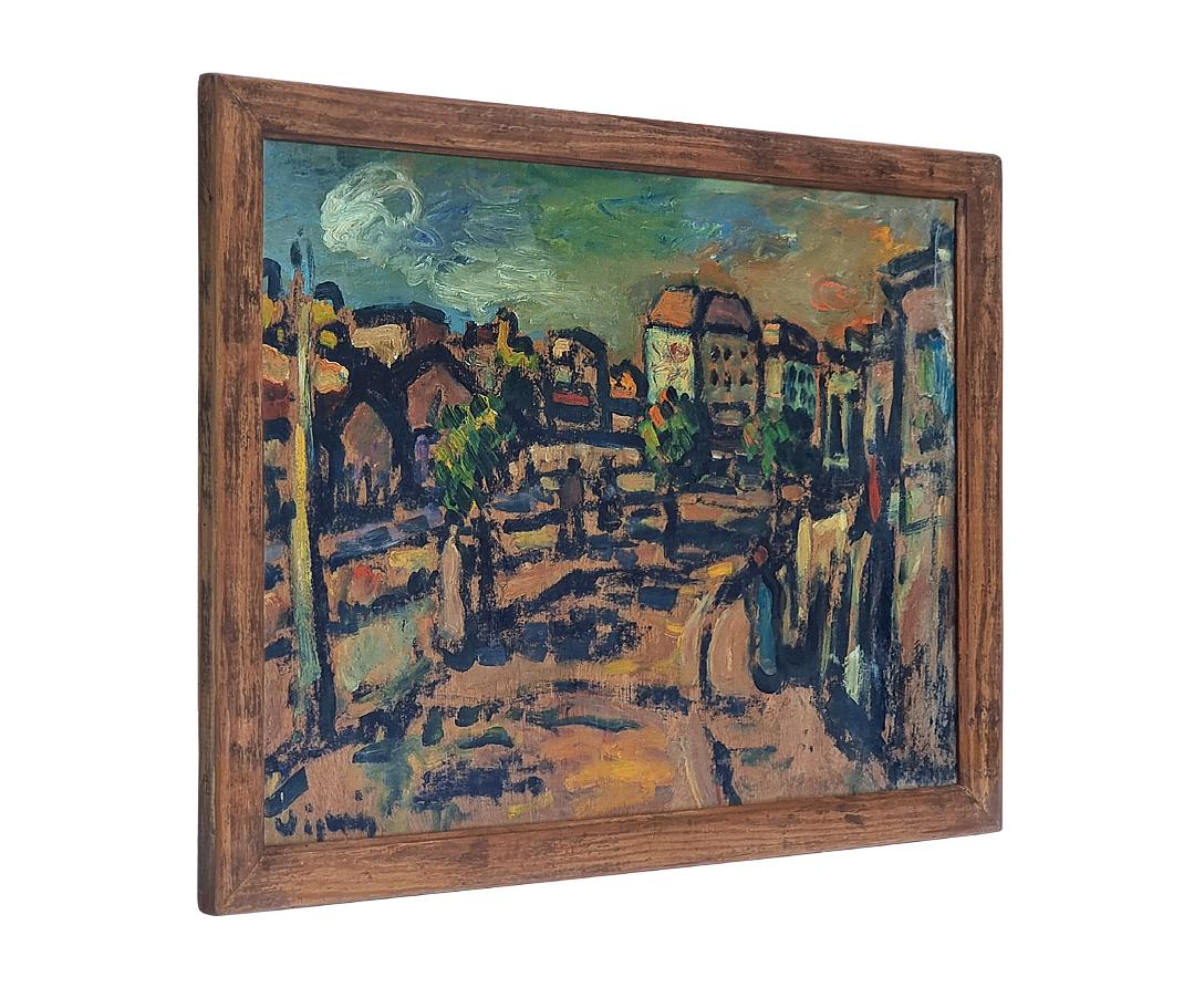 Expressionist painting “A Lively Paris Street” by French artist Sylvain Vigny (1902-1970) related to the Paris and Nice schools. His work is characterized by brutal, powerful painting in warm, dark colors brushed with energy and enhanced by black
