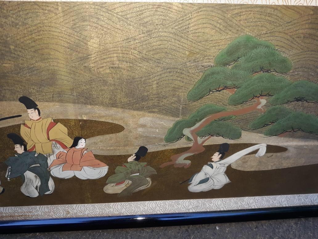 Großes antikes horizontales japanisches Gemälde im Zustand „Gut“ im Angebot in Lambertville, NJ