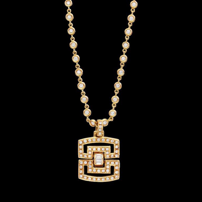 Long chain featuring 99 round brilliant cut diamonds, accompanied by geometric pendant featuring 46 round brilliant cut diamonds and 3 baguette diamonds. 
- Diamonds weighing a total of approximately 11.50 carats
 - Necklace length 36 inches
 -